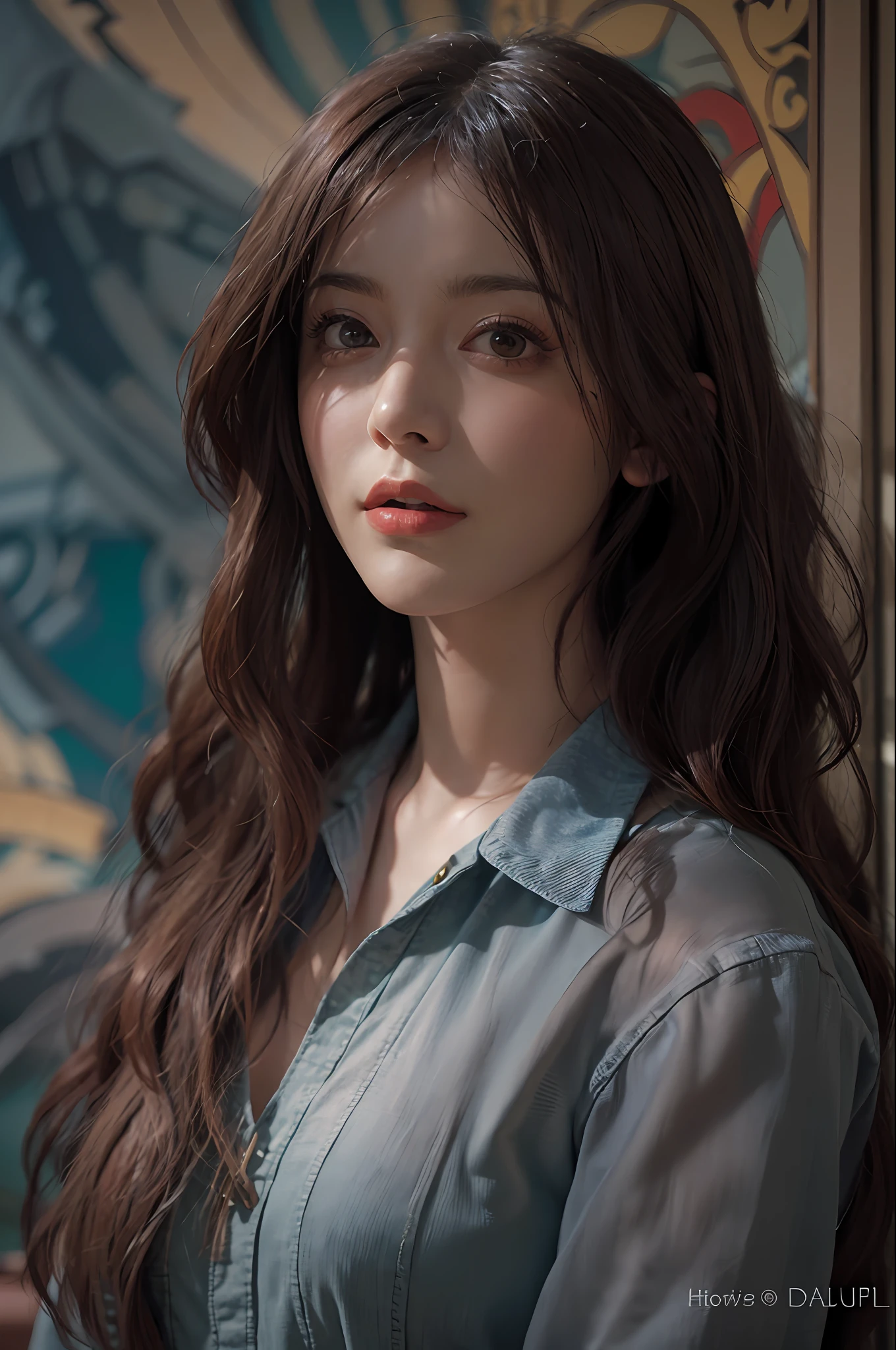 Surrealist female portraits by David Hockney and Alphonse Mucha, fantasy art, photorealism, dynamic lighting, artstation, poster, volumetric lighting, very detailed faces, 4k, award-winning, 1girl, in the dark, deep shadows, low-key, denim photos, (formal wear: 1.4), long hair, brunette,