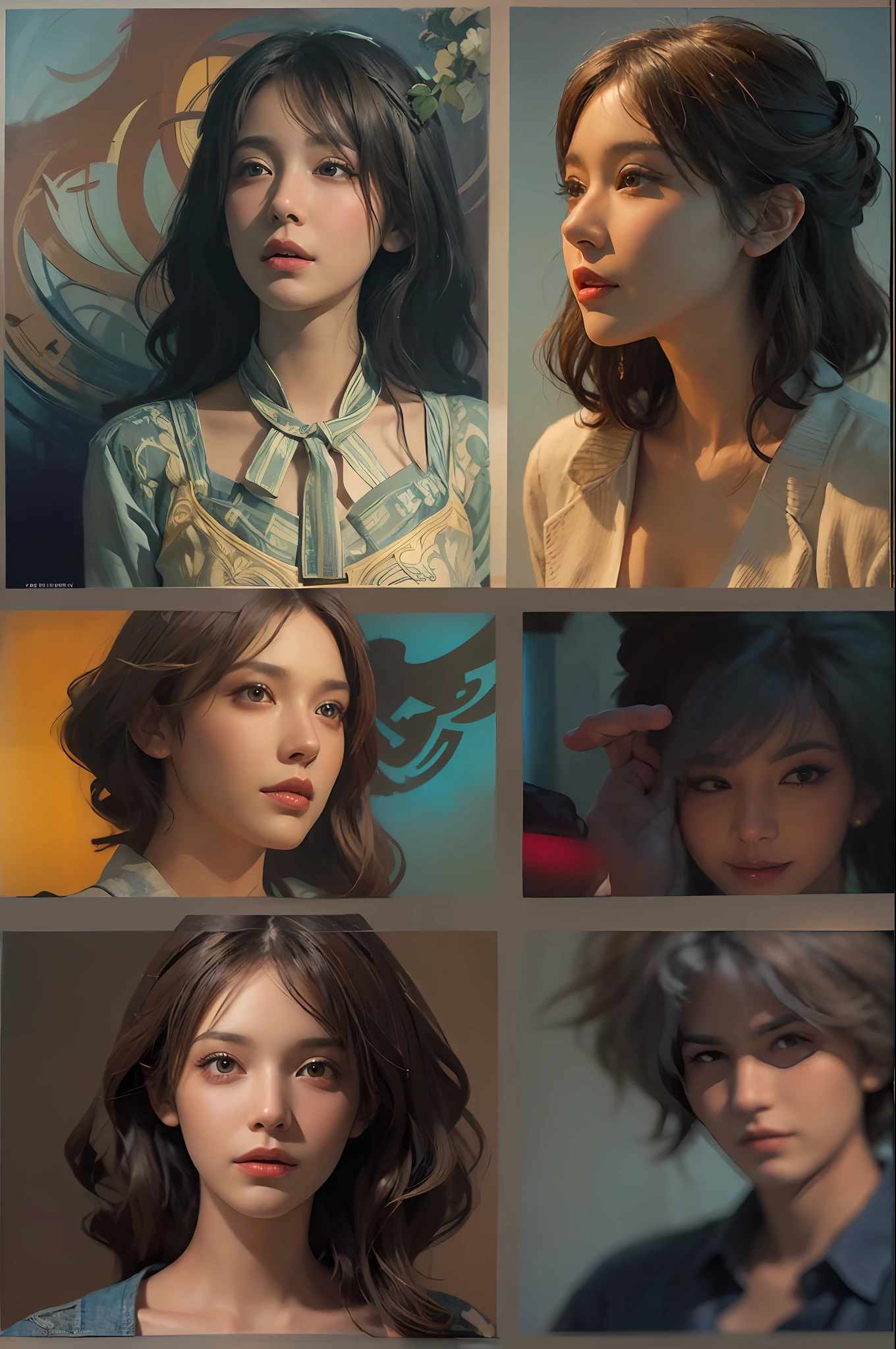 Surrealist female portraits by David Hockney and Alphonse Mucha, fantasy art, photorealism, dynamic lighting, artstation, poster, volumetric lighting, very detailed faces, 4k, award-winning, 1girl, in the dark, deep shadows, low-key, denim photos, (formal wear: 1.4), long hair, brunette,