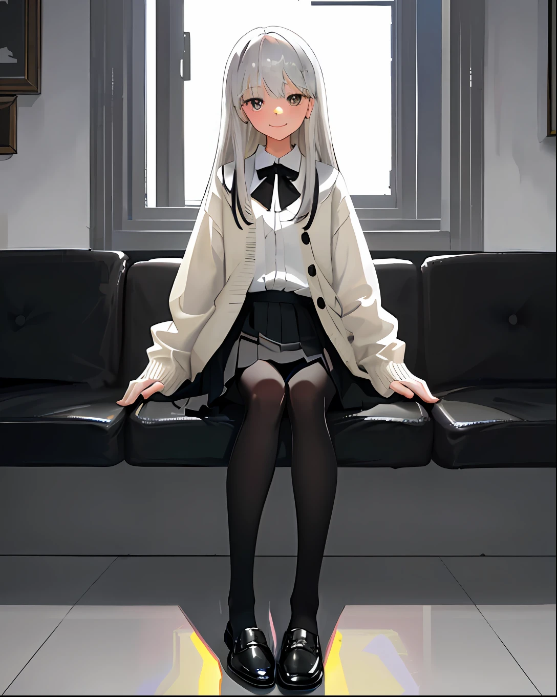 (Best quality), (Masterpiece), 1girll, finely detailed, A high resolution, Silver hair, Long hair, hair between eye, With gray eyes, Open cardigan, (White cardigan), Black miniskirt, Pleated skirt, (Black pantyhose), Black loafers, Sitting, view the viewer, Smile, a black bowtie