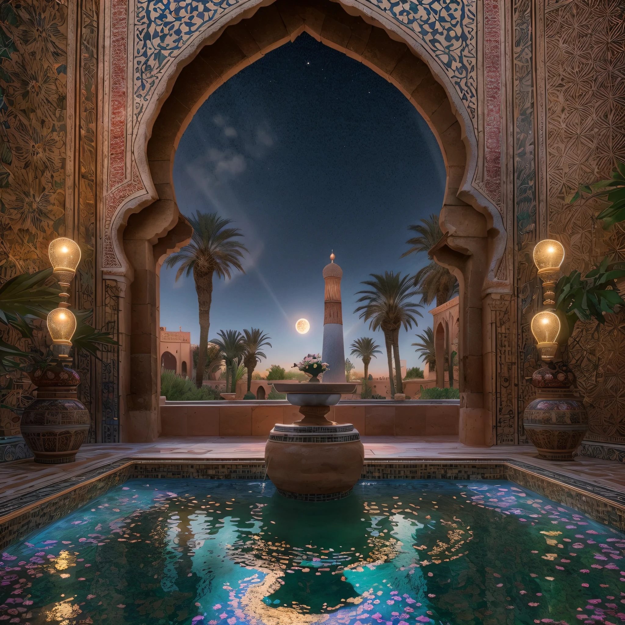 Moon view, riad jacuzzi, steam, opalescent, Photoluminescence, fantasy, clear, Cinematic RAW photo, hyper real photo, ultrarealistic, dslr, soft lighting, high quality, reflections, photo, (sparkling) splashing, glistening, (iridescent), glimmering, dripping, misty, mystical, enchanting, glittering, (masterpiece) (best quality) (detailed) (8k) (HDR) (cinematic lighting) (sharp focus) (intricate), impressive, bioluminescent, epic and stunning, celestial, candles, romantic, (Ouarzazate in background), (Marrakech), flowing, glistening, riad fountain, melting, shimmering, (masterpiece) (best quality) (detailed) (8k) (HDR) (wallpaper) (cinematic lighting) (sharp focus) (intricate), exotic lights, Moroccan candles, Ouzoud waterfalls, palm trees, opalescent, desert flowers, Fujifilm XT3, photographed on a Kodak Retina II Sanyo Xacti VPC-CA6, 50mm lens, HDR, hyper-realistic, colorgraded, roses