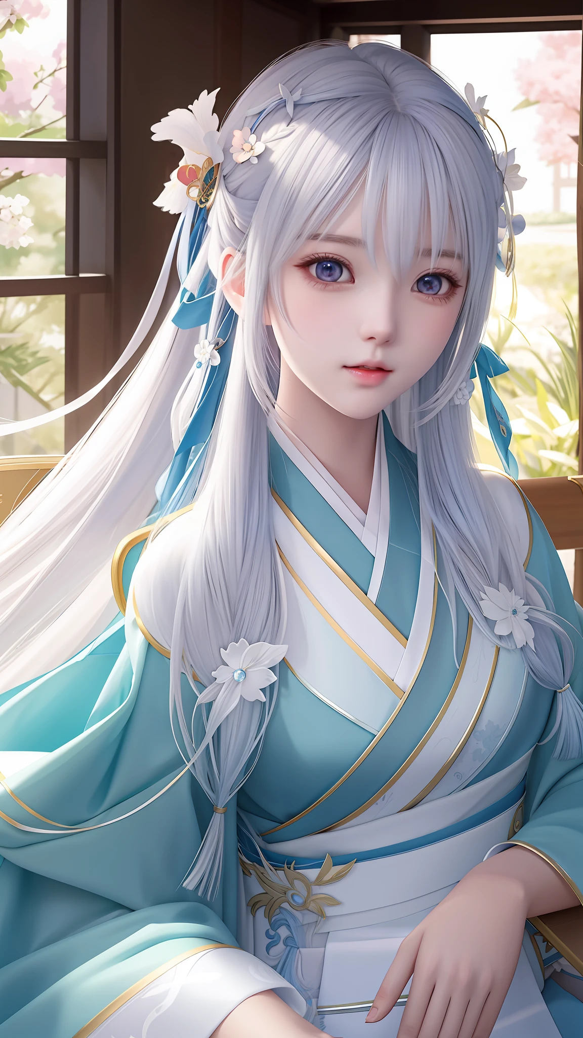 Anime girl with long white hair and blue dress sitting on bench, Palace ， A girl in Hanfu, Smooth anime CG art, Beautiful character painting, Beautiful anime girl, style of anime4 K, a beautiful anime portrait, Beautiful anime woman, Guviz-style artwork, white-haired god, White Hanfu, beautiful and seductive anime woman, Beautiful digital artwork