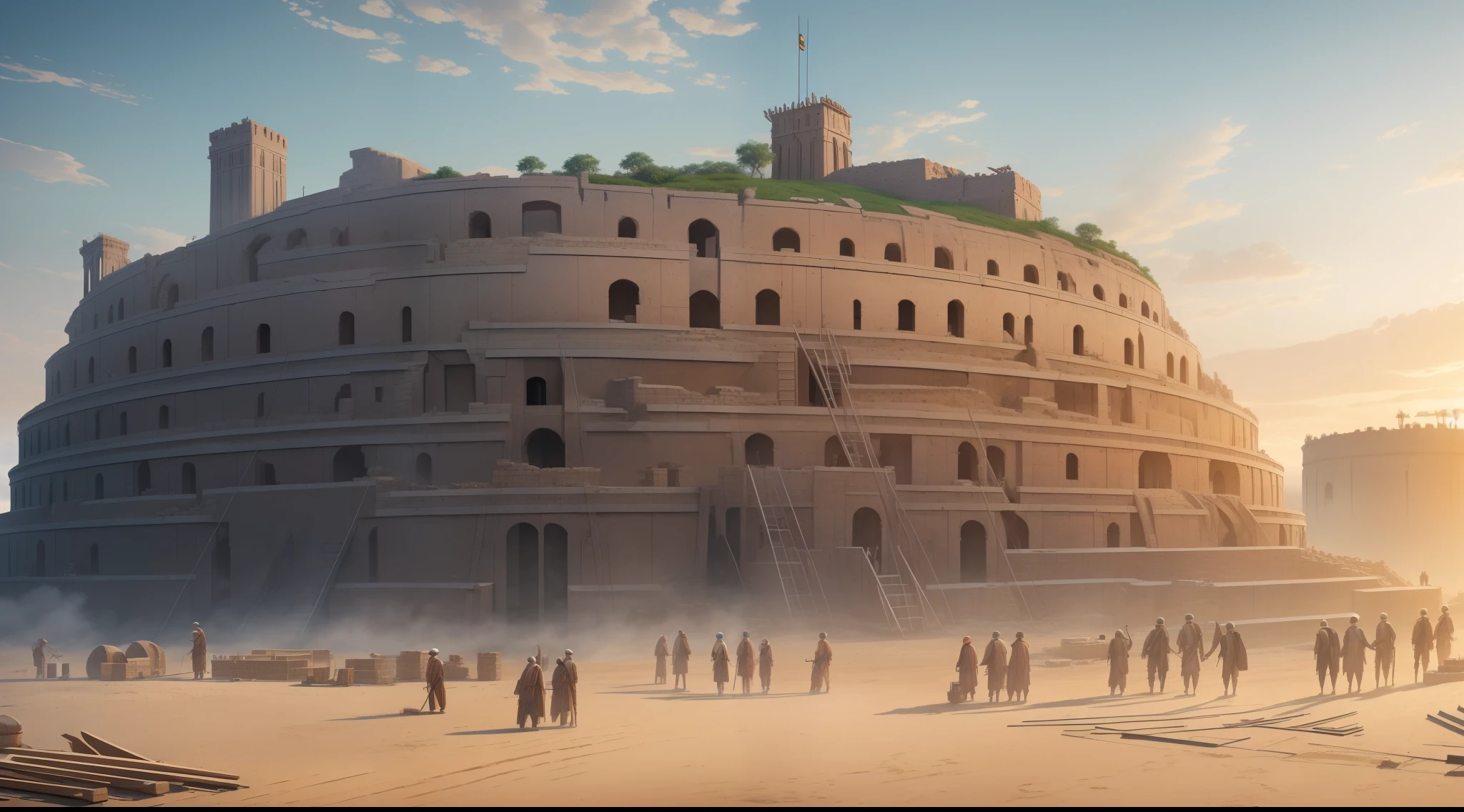 modelshoot style, (extremely detailed CG unit 8k wallpaper), group of ancient people working in manual labor, construction of the tower of babel, Working in manual labor, midjourney and greg rutkowski