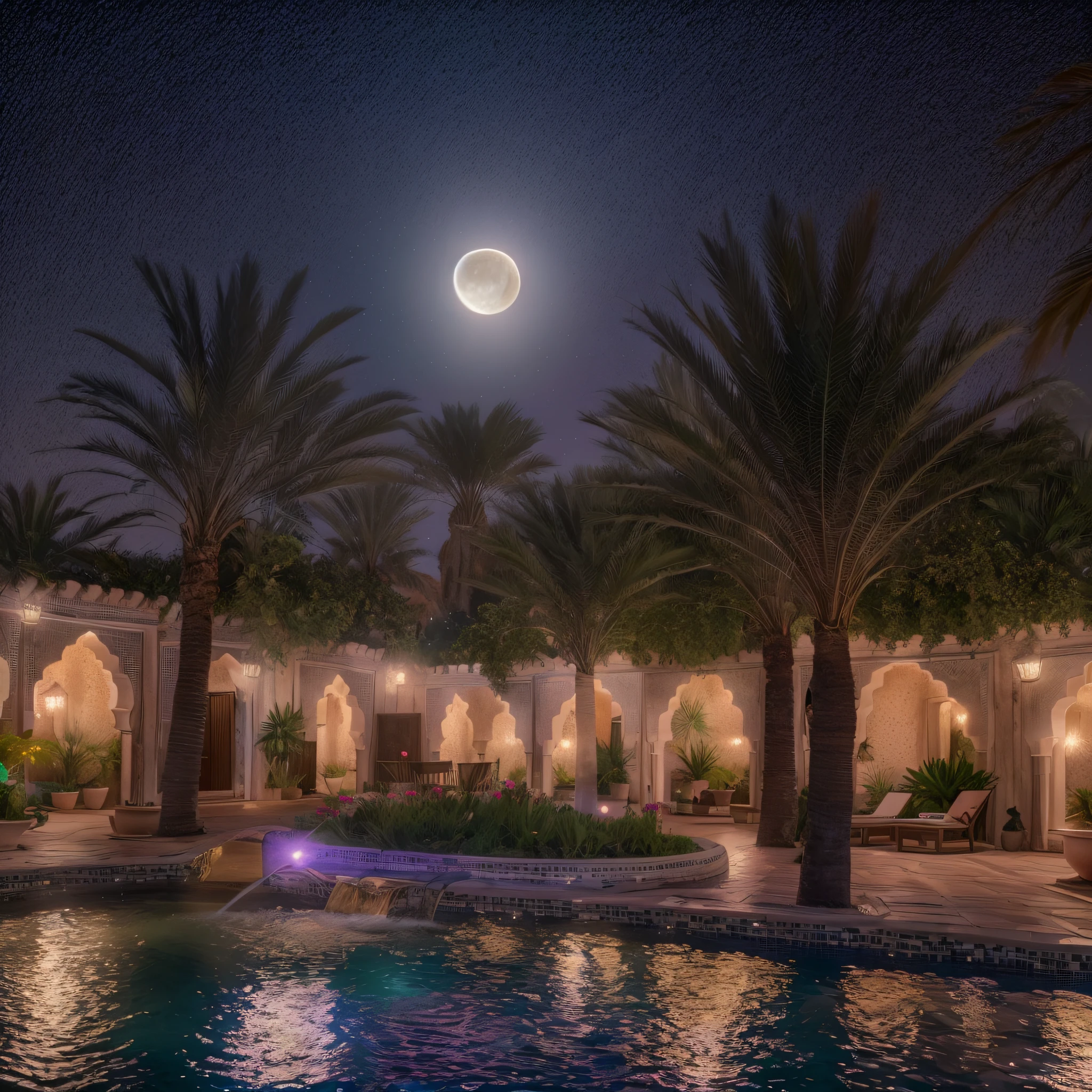 Moon view, riad jacuzzi, steam, opalescent, Photoluminescence, fantasy, clear, Cinematic RAW photo, hyper real photo, ultrarealistic, dslr, soft lighting, high quality, reflections, photo, (sparkling) splashing, glistening, (iridescent), glimmering, dripping, misty, mystical, enchanting, glittering, (masterpiece) (best quality) (detailed) (8k) (HDR) (cinematic lighting) (sharp focus) (intricate), impressive, bioluminescent, epic and stunning, celestial, candles, romantic, (Ouarzazate in background), (Marrakech), flowing, glistening, riad fountain, melting, shimmering, (masterpiece) (best quality) (detailed) (8k) (HDR) (wallpaper) (cinematic lighting) (sharp focus) (intricate), exotic lights, Moroccan candles, Ouzoud waterfalls, palm trees, opalescent, desert flowers, Fujifilm XT3, photographed on a Kodak Retina II Sanyo Xacti VPC-CA6, 50mm lens, HDR, hyper-realistic, colorgraded, roses
