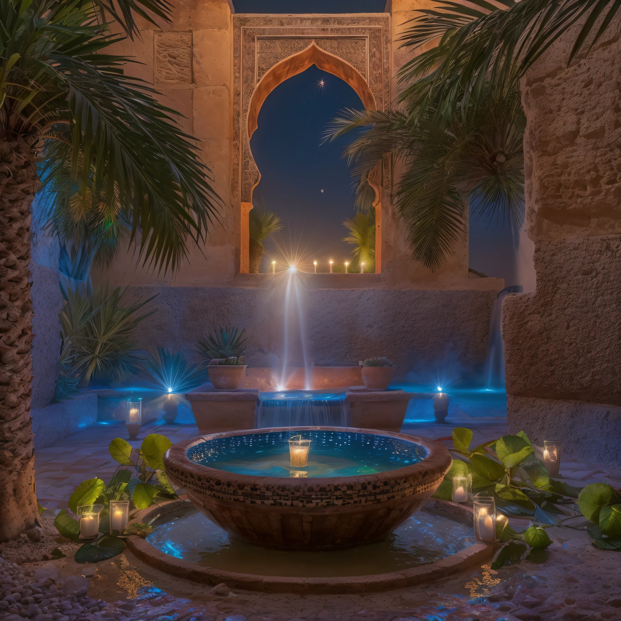 Moon view, riad jacuzzi, steam, opalescent, Photoluminescence, fantasy, clear, Cinematic RAW photo, hyper real photo, ultrarealistic, dslr, soft lighting, high quality, reflections, photo, (sparkling) splashing, glistening, (iridescent), glimmering, dripping, misty, mystical, enchanting, glittering, (masterpiece) (best quality) (detailed) (8k) (HDR) (cinematic lighting) (sharp focus) (intricate), impressive, bioluminescent, epic and stunning, celestial, candles, romantic, (Ouarzazate in background), (Marrakech), flowing, glistening, riad fountain, melting, shimmering, (masterpiece) (best quality) (detailed) (8k) (HDR) (wallpaper) (cinematic lighting) (sharp focus) (intricate), exotic lights, Moroccan candles, Ouzoud waterfalls, palm trees, opalescent, desert flowers, Fujifilm XT3, photographed on a Kodak Retina II Sanyo Xacti VPC-CA6, 50mm lens, HDR, hyper-realistic, colorgraded, roses