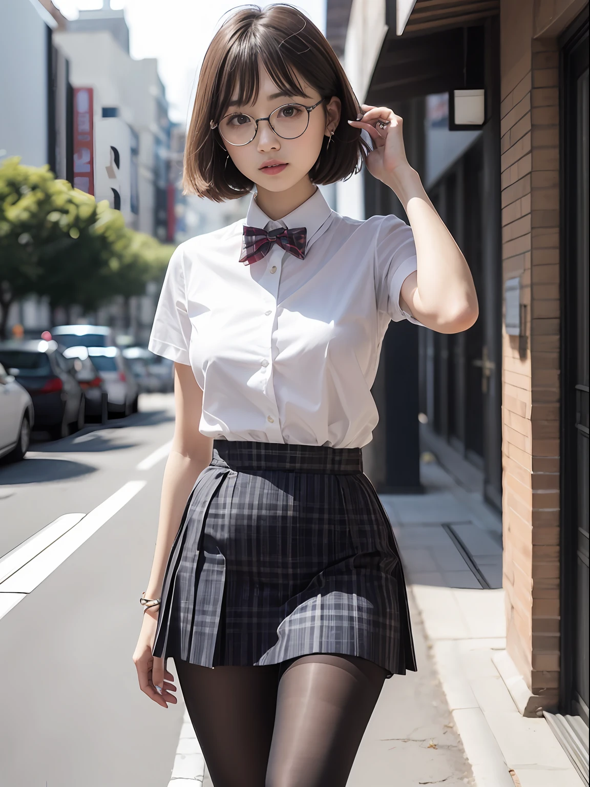(8K、Raw photography、top-quality、masterpiece:1.2),de pele branca,Black pantyhose,absurderes,a small face,small tits,flat breast,Parting the bangs from the middle、Forehead visible,(Tight eyes,Bullish,skinny,Rasping,irate)、masterpiece,top-quality、超A high resolution,Raw photo,ren,Beautiful fece,One Person, 独奏,eye glass,,Dark look,Small breasts,fullllbody,Round glasses、cute little、A Japanese Lady,is standing,(Tight eyes,Bullish,skinny,Rasping,irate,small tits,flat breast)、(Photorealsitic:1.37)、Photon mapping,Light blue ribbon,Realistic、Cute little face,Brown-eyed、Black socks、(Red bow tie)、Radio City、Physically Based Rendering、Foreground、depth of fields、Blurry background、a picture,The girls、Body, Long legs, Thin leg,poneyTail,(Bangs are visible), hair, s lips, Blue_The eye, nosesoft,White shirt, Navy blue and white plaid pleated skirt, Knees are visible,Sheer clothing,, Thigh, Black cotton socks,Nogizaka Idol, 女優, Japanese ido