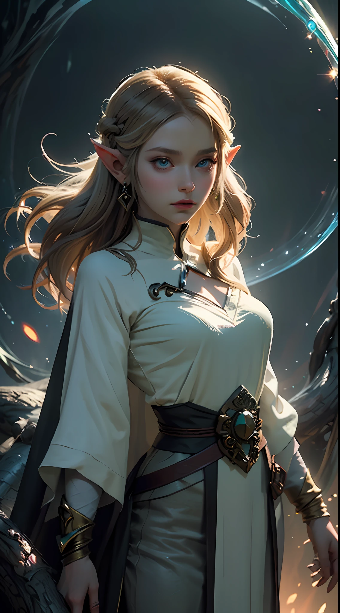 masterpiece, best quality, 1girl, Princess Zelda, sorceress, robe, magical, mystical, moody lighting, glow, glowing, sparkle, swirling energy