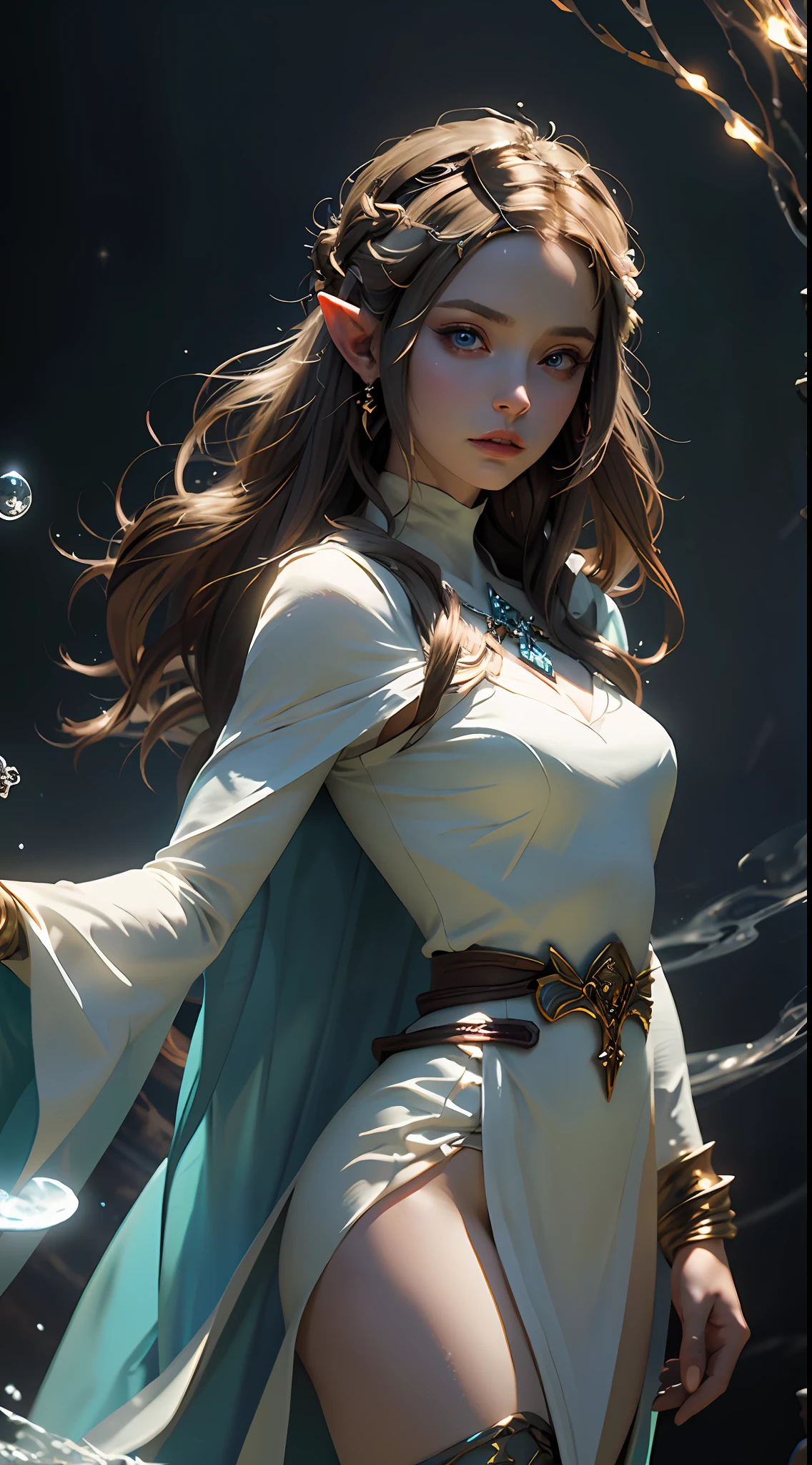 masterpiece, best quality, 1girl, Princess Zelda, sorceress, robe, magical, mystical, moody lighting, glow, glowing, sparkle, swirling energy