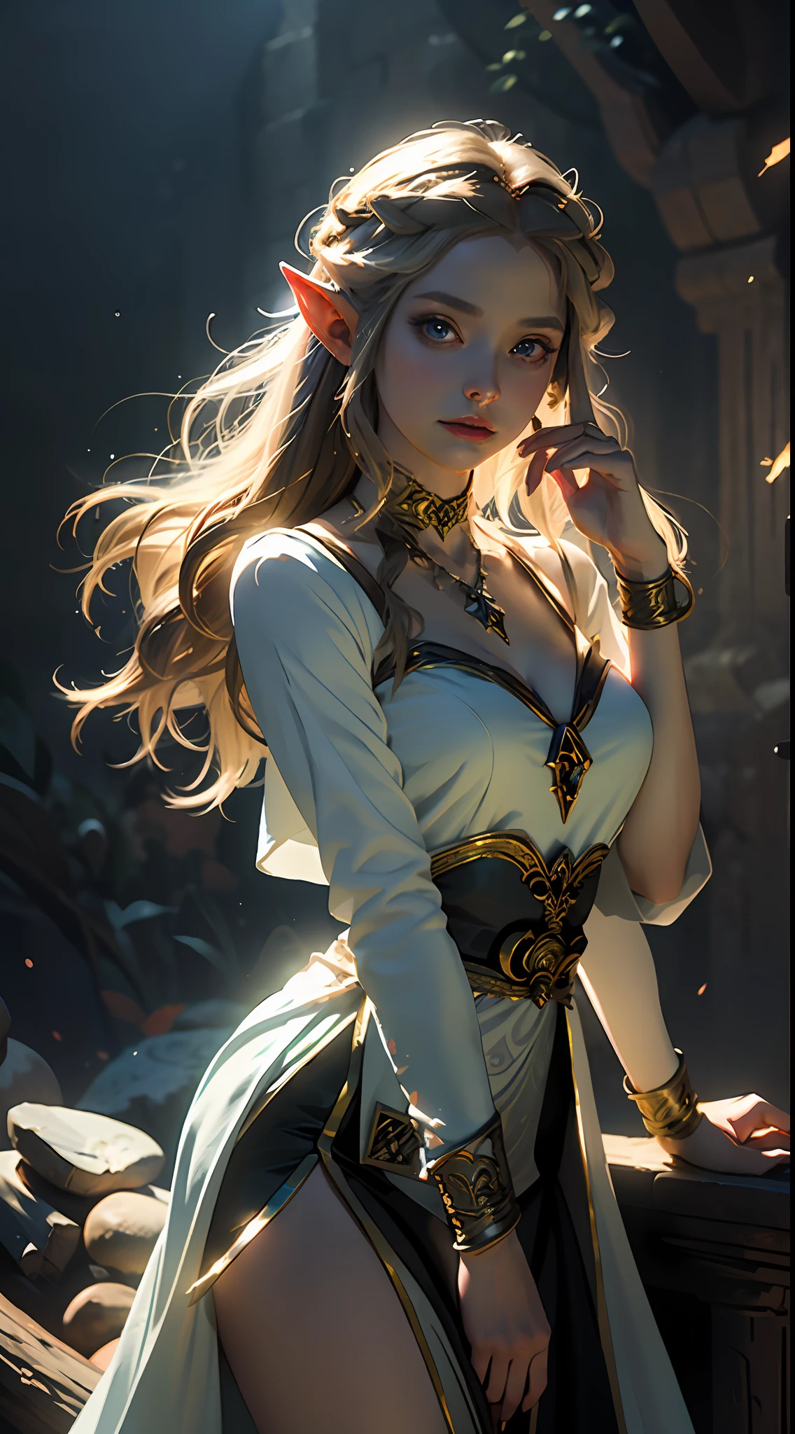 masterpiece, best quality, 1girl, Princess Zelda, sorceress, robe, magical, mystical, moody lighting, glow, glowing, sparkle, swirling energy