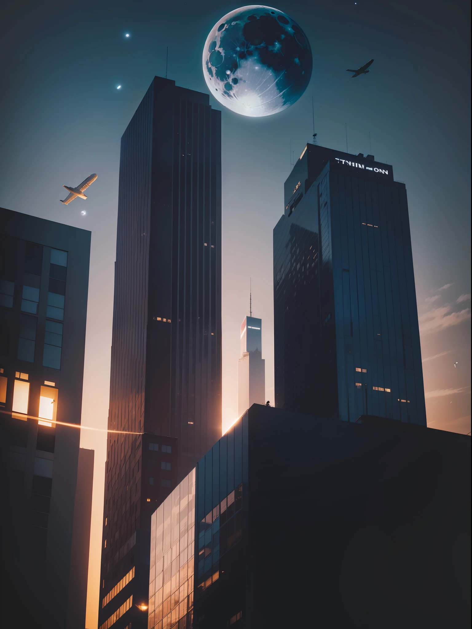evening light,themoon+Planes,Buildings,A little starlight,Ultra HD resolution is real
