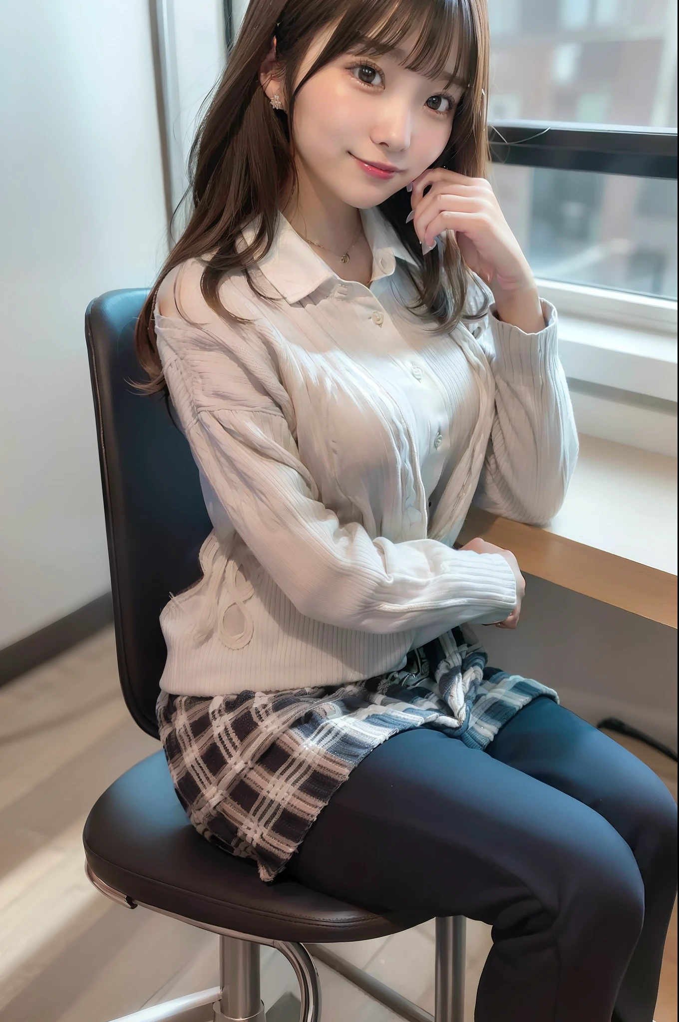 1 girl,18 yo, japanaese girl,Beautiful face,medium breasts,Black medium hair,Her room, sitting at the desk,
Dress,preppy style, shirt with collar, Khaki Pants, Cable Knit Sweater, lowfers, blazers, plaid skirts,Smile,(white and blue ((striated hair:1.2)), (highlights hair))