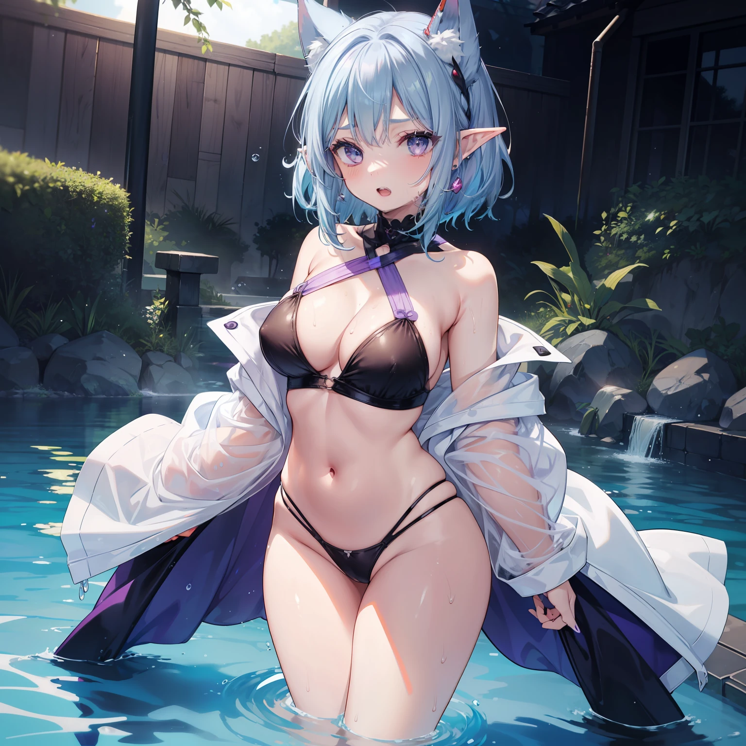 1 Girl, eyes, nose, elf ear, eyebrow, open mouth, vampire teeth, blue hair dyed purple nape, Watery Big Eyes*Sukumizu*Wet Hair*Hair Spread Out*Ear Stud*Swimming Pool, lora:add_detail , thin waist, belly, big chest, thick legs, big thigh, standing