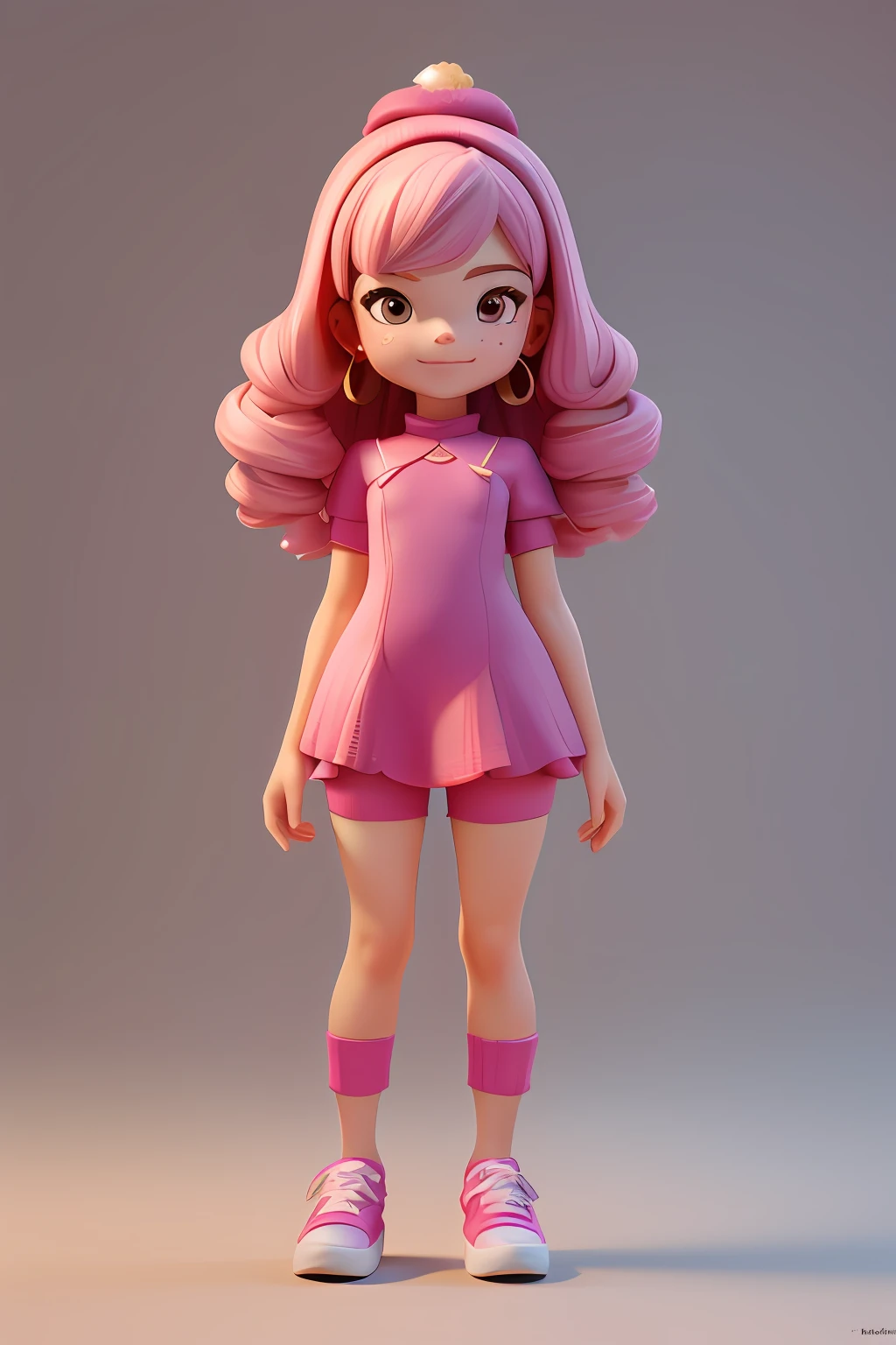 3dcharacter, 1 menina, mulher adulta, sardas, hazelnut eyes, vestido rosa rodado, jammers, (corpo inteiro: 1.2), fundo simples, obra-prima, melhor qualidade, (fundo gradiente de ameixa clara: 9.16 )