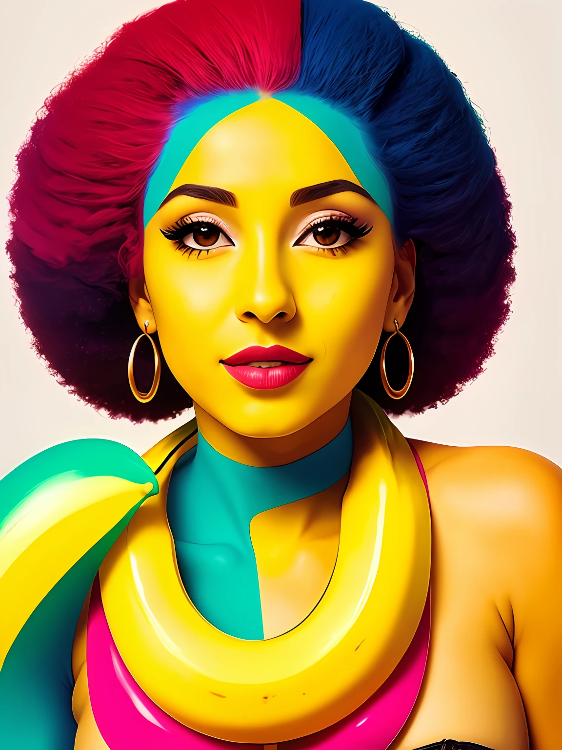 "Imagine uma obra de arte retratando uma suculenta,Banana colorida, Bright as a rainbow. BANANA is the central point of the composition, com suas formas e contornos suaves, convidando os espectadores a apreciarem sua beleza. The color palette is vibrant and lush, with rich and vivid tones that blend harmoniously on the surface of A BANANA . Vermelhos intensos, laranjas brilhantes, amarelos dourados, verdes exuberantes, azuis profundos e roxos encantadores criam uma sinfonia de cores que envolvem a fruta. Small details of light and shadow add depth and realism to the image, Making The Banana Look Almost Palpable. Through this artistic representation,, The Banana becomes a symbol of vitality, frescor e alegria, cativando os espectadores e convidando-os a saborear sua beleza colorida." , Romero Brito
