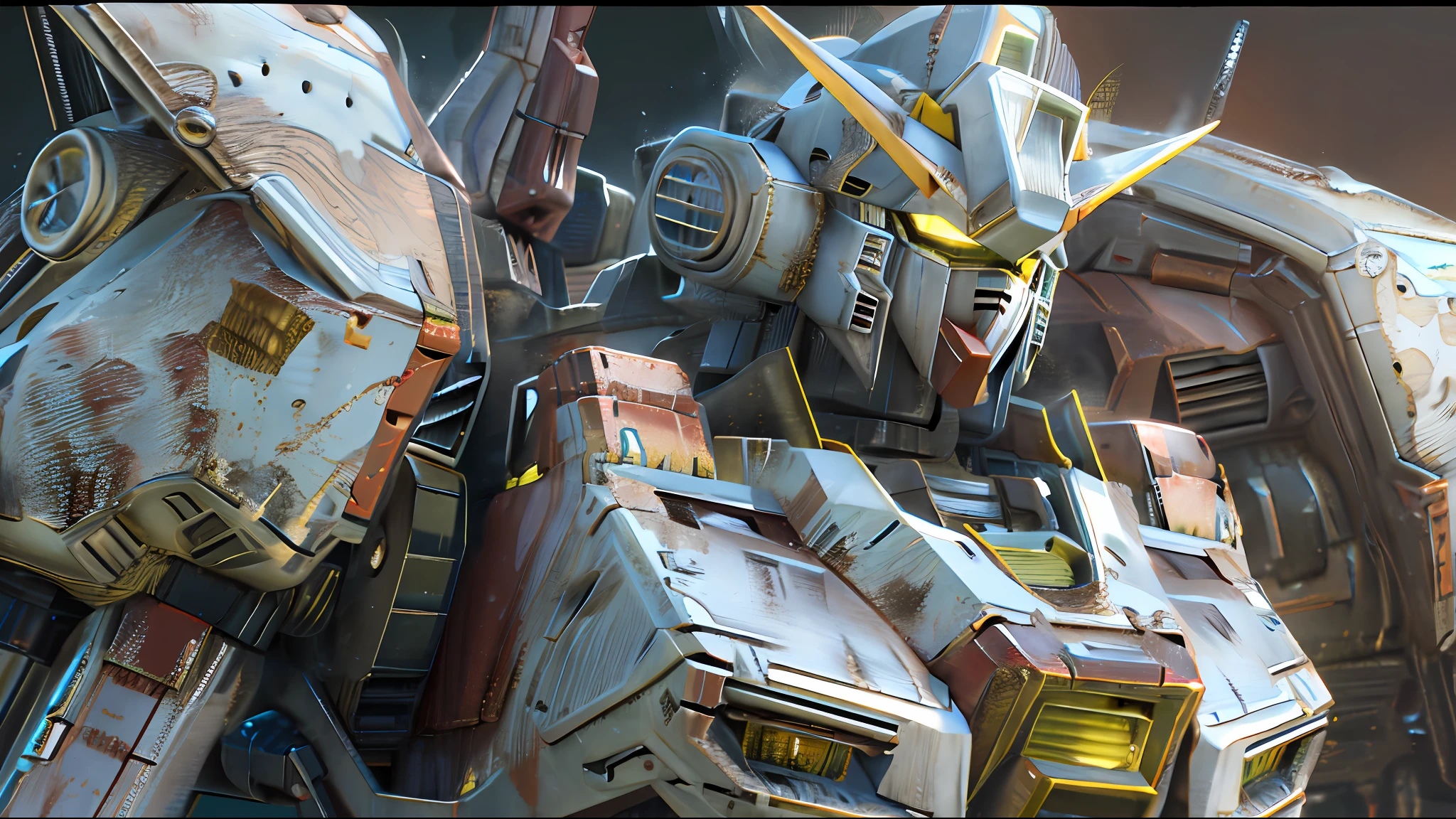 (absurdres, highres, ultra detailed),(Masterpiece, best quality:1.2),1 mecha,dusty armour, battle damaged,white dirty armour, Gundam, realistic lighting, unreal engine 5, absolutely stunning CGI, looking towards viewer, extremely detailed