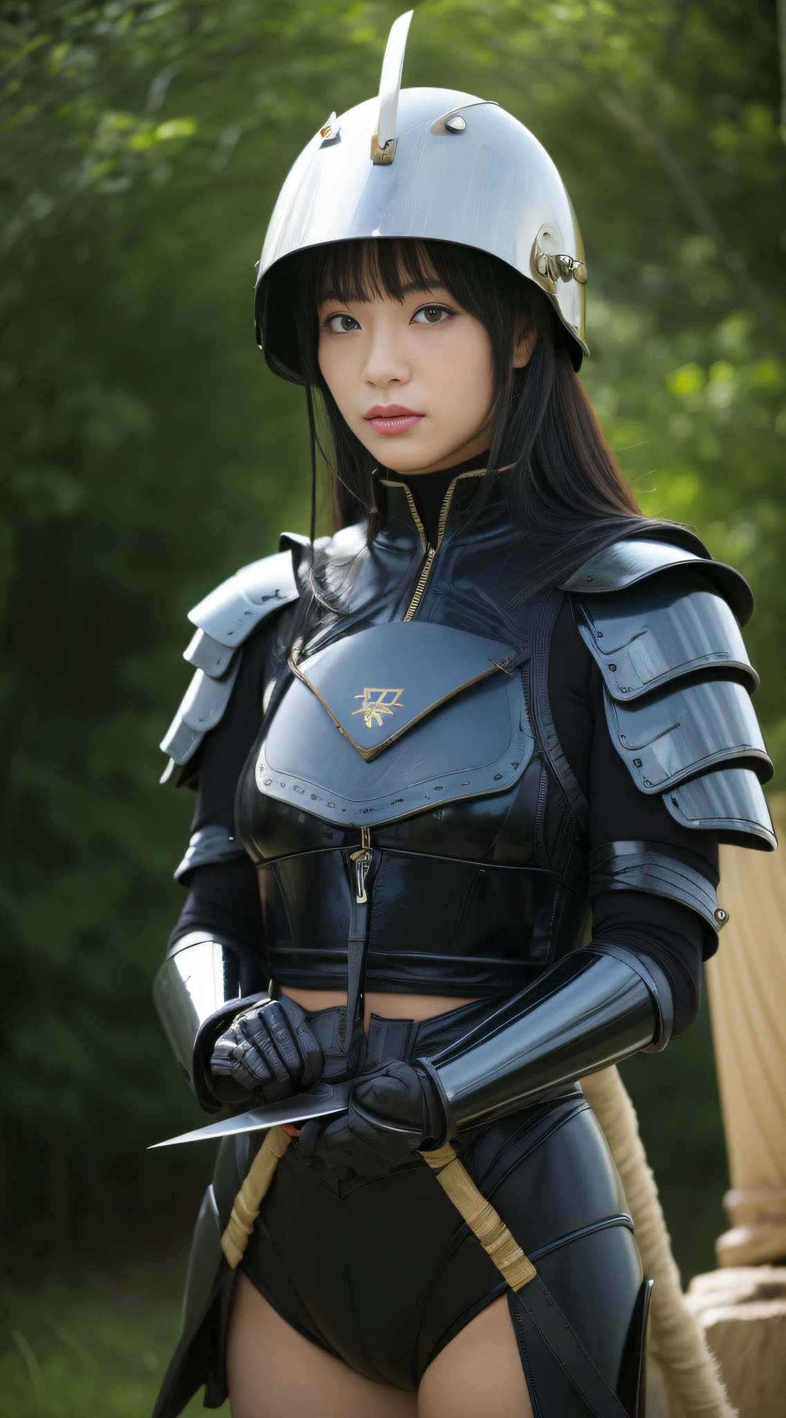 (8K High Quality Masterpiece、1 sexy woman G cup:1.3、Black perspective:1.1、hyperdetailed face、二重まぶた、Transparent underwear、Stroking chest、Open legs)、Wearing a helmet、chest protrudes、爆乳、see -through、The bikini、Cosplay、highleg、samurais、armor、s Armor、knifes、Japan helmet、Armoured pocket、Kabuto Celebration