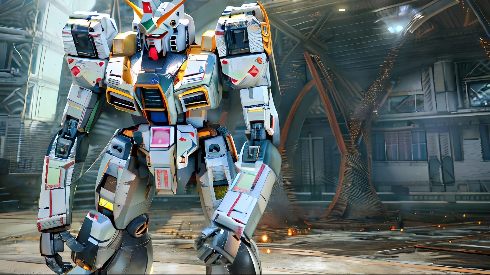 (absurdres, highres, ultra detailed),(Masterpiece, best quality:1.2),1 mecha,dusty armour, battle damaged,white dirty armour, Gundam, realistic lighting, unreal engine 5, absolutely stunning CGI, looking towards viewer, extremely detailed