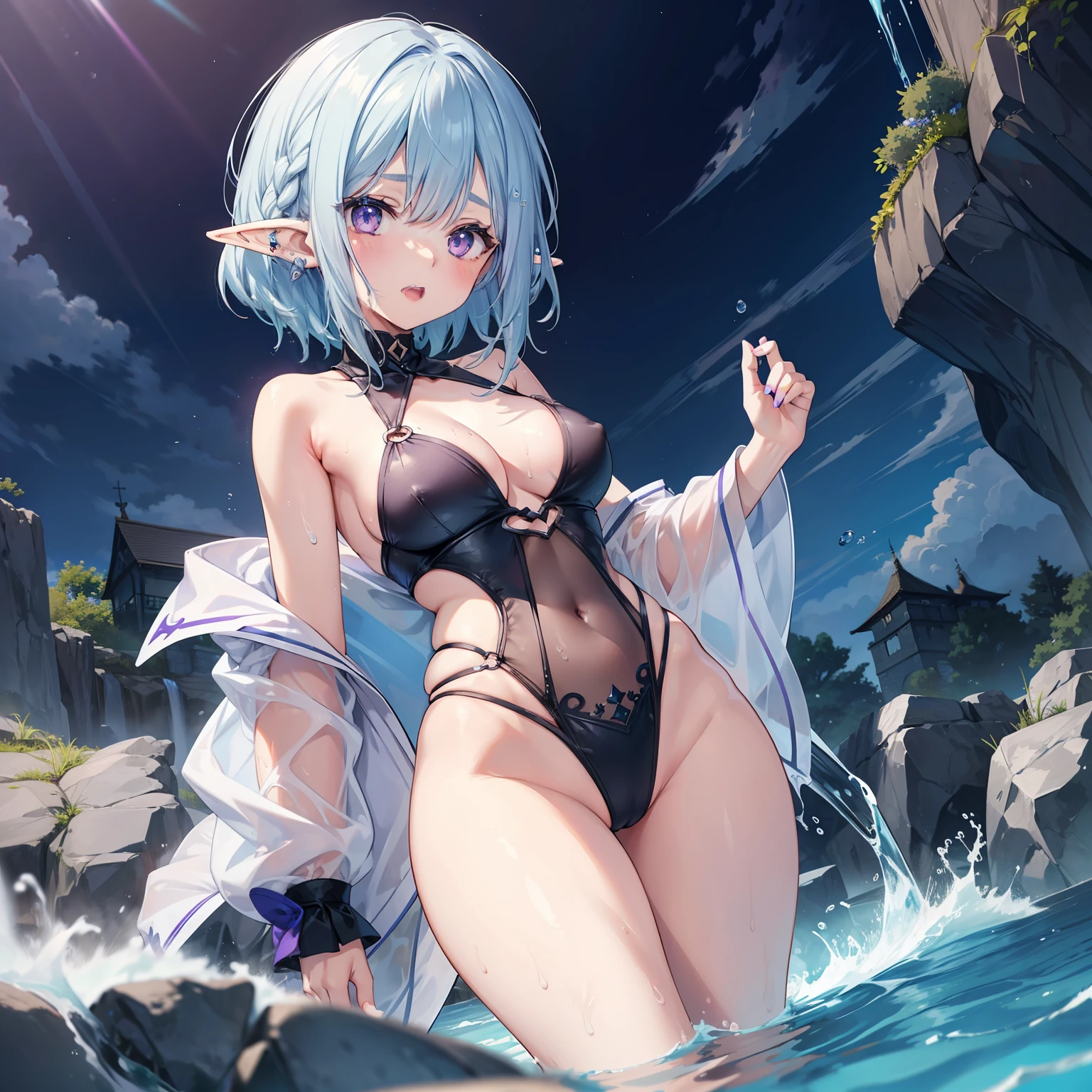 1 Girl, eyes, nose, elf ear, eyebrow, open mouth, vampire teeth, blue hair dyed purple nape, Watery Big Eyes*Sukumizu*Wet Hair*Hair Spread Out*Ear Stud*Swimming Pool, lora:add_detail , thin waist, belly, big chest, thick legs, big thigh, standing