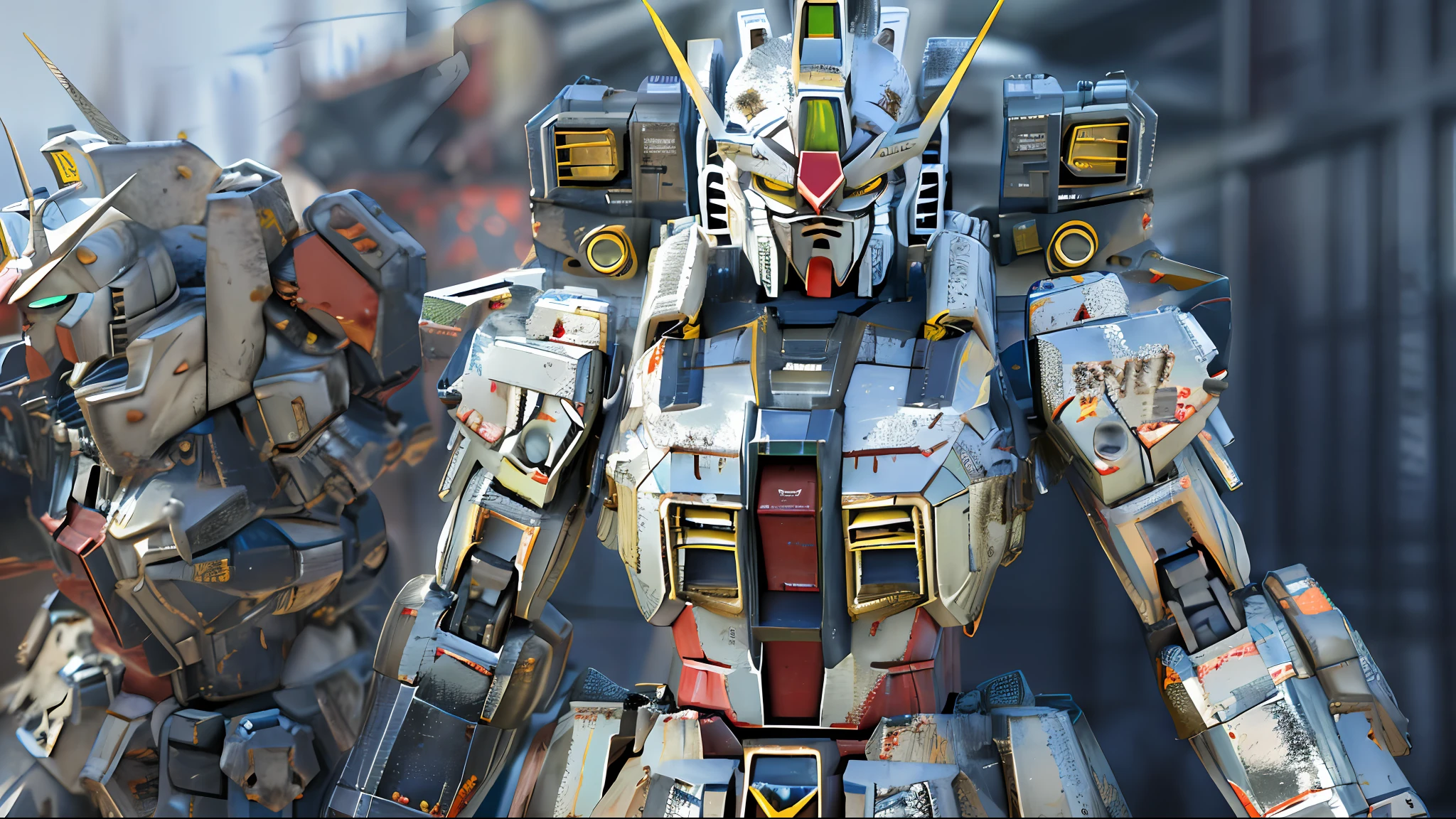 (absurdres, highres, ultra detailed),(Masterpiece, best quality:1.2),1 mecha,dusty armour, battle damaged,white dirty armour, Gundam, realistic lighting, unreal engine 5, absolutely stunning CGI, looking towards viewer, extremely detailed