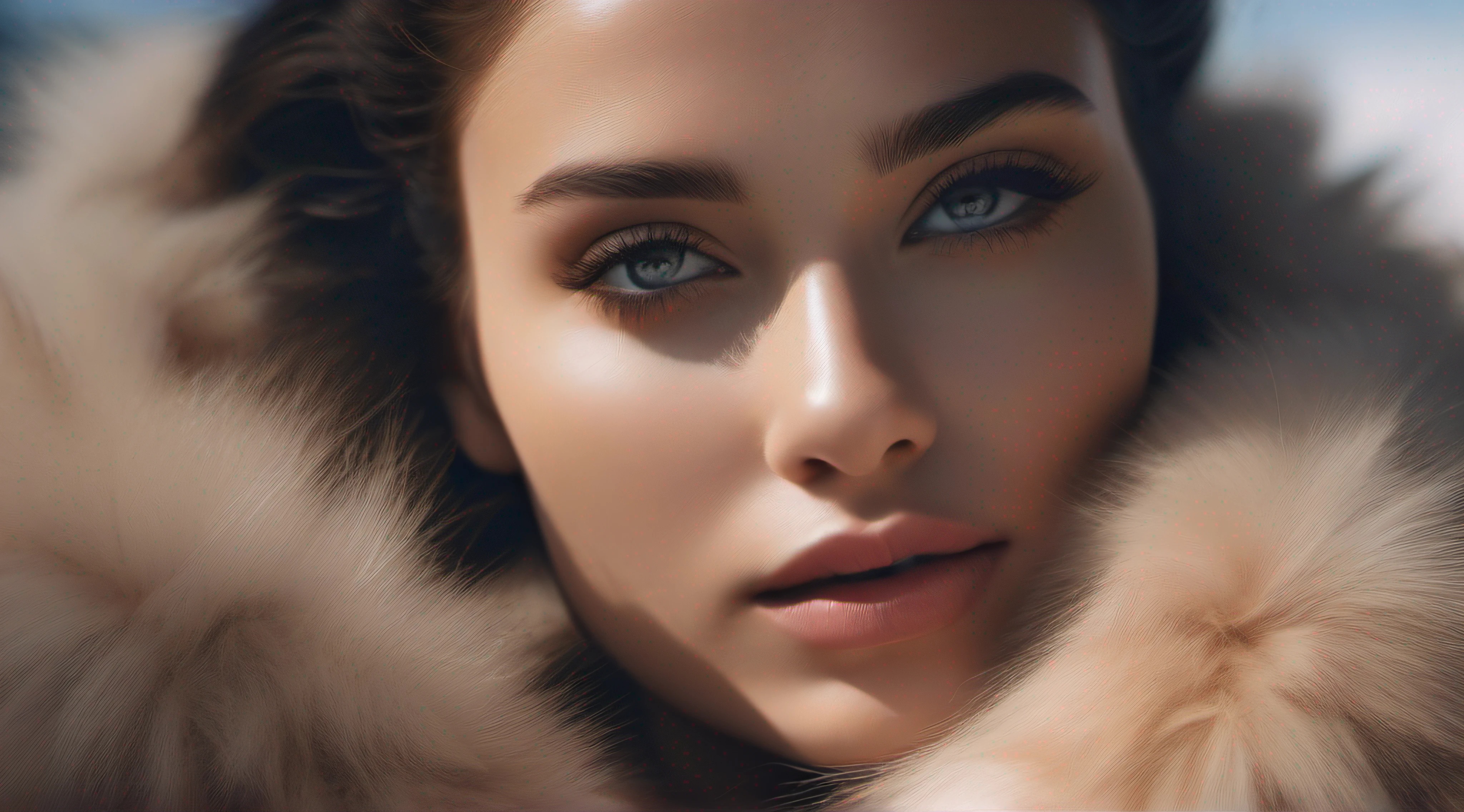 RAW photo, a 22-year-old-girl, prehistoric ice age woman, wearing mamoth fur, (1girl), (realistic), (photo-realistic:1.5), lipstick,(RAW photo, 8k uhd, film grain), Sharp Eyeliner, Blush Eyeshadow With Thick Eyelashes, extremely delicate and beautiful, 8k, soft lighting, high quality, highres, sharp focus, extremely detailed, (sunlight on face), beautiful detailed eyes, extremely detailed eyes and face, masterpiece, cinematic lighting, (high detailed skin:1.2), 8k uhd, dslr, soft lighting, high quality, film grain, Fujifilm XT3