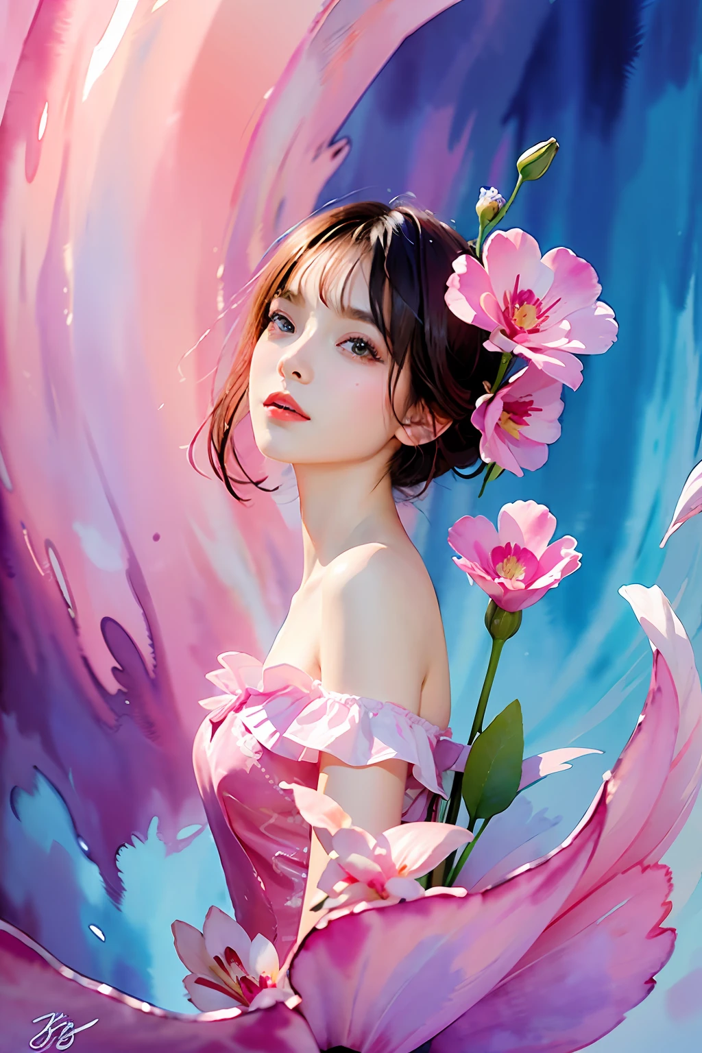 1girl,flower, Lisianthus ,in the style of light pink and light azure, dreamy and romantic compositions, pale pink, ethereal foliage, playful arrangements,fantasy, high contrast, ink strokes, explosions, over exposure, purple and red tone impression , abstract, ((watercolor painting by John Berkey and Jeremy Mann )) brush strokes, negative space,
