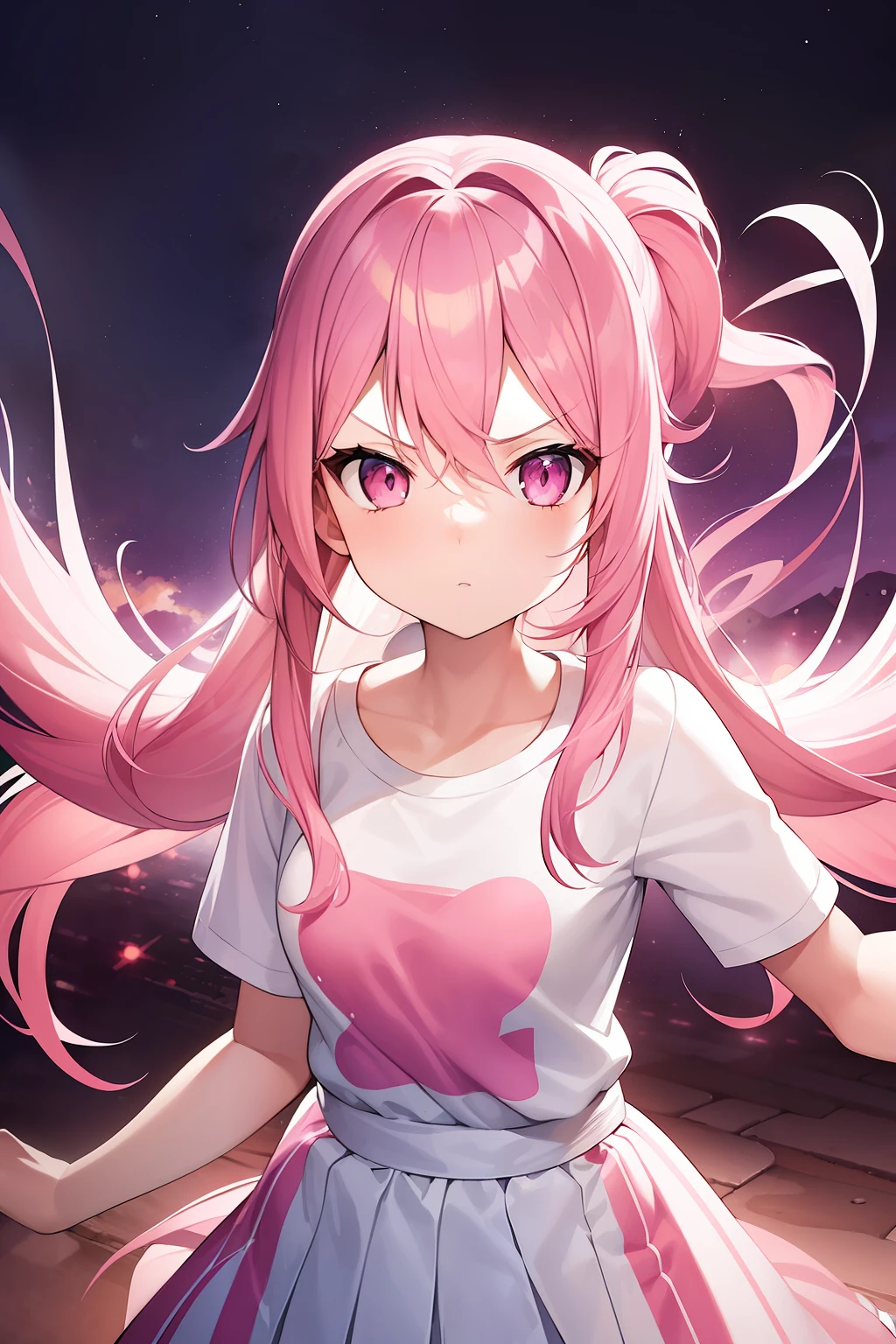 1girl. pink hair.long hair.twintails.{loli}.(short stature).small breast.white t-shirts.skirt. (((masterpiece))).(((best quality))).)((ultra-detailed))).(((illustration))). (((fighting stance))).(((night view))).(((1girl))).