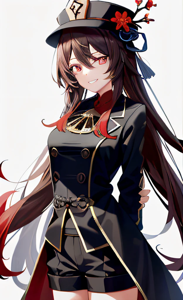 (tmasterpiece:1.3), (best qualtiy), 1girll, Large breasts, very detailed red eyes, very vey very detailed face, white backgrounid, A high resolution, absurderes, grin, standing on your feet, The is very detailed, looking at viewert, cowboy lens, 独奏, vivd colour, hu tao (genshin impact), pupils in symbol shapes, Hats, withlongbrownhair, By bangs, double tails, flower shaped pupils, black cloaths, , Black shorts, red blouse, The arms are behind the back