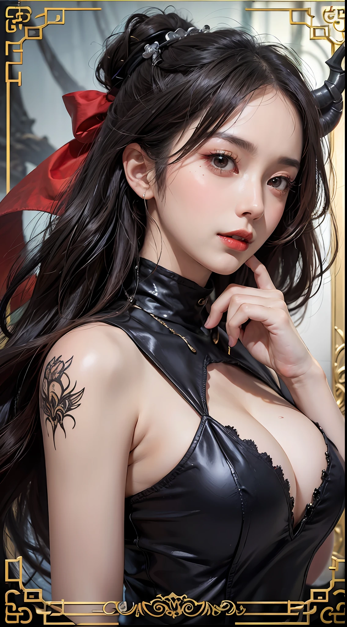 1 beautiful devil woman from hell, surreal female portrait by David Hockney and Alphonse Mucha, fantasy art, Chinese doll, photorealism, dynamic lighting, artstation, poster, volumetric lighting, very detailed faces, 8k ultra, Awarded, in the dark, deep shadow, low key, cowboy lens, (Red phoenix dress: 1.4), long hair, black hair, bust, luxurious palace, devil crown, red eyes make up very sharp and detailed, The most beautiful face, The breasts are very big and round and round, Super realistic, chinese women's clothing, polo neck sweater, Charming smile, The eyes are very well made up, bloodshot eyes, guweiz, ((devil style:1.0)), (((the beautiful demon woman's face has veins of blood floating on her face:0.7))), wearing black mesh socks, Ponytail with a bow tied at the back of the hair, plump and beautiful red lips, wearing a thin red and black robe, Hands pull the straps to reveal sexy breasts, the landscape is overcast and thunderous, (upper body portrait), Close-up of the main character, (Detailed spooky background:0.8), HDR, UHD, 8kquality, detailed pixel, facing the beautiful girl, looking at the girl's body,