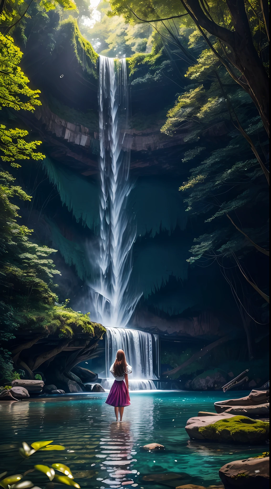 1girl, realistic beautiful young woman, wearing colorful dress, waterfall, walking under the waterfall, with her back to the audience, ethereal beauty, full body, character ratio is only 1/8, lake surface, ((large grove)), Tyndall ray, realism, cinematic lighting, ray tracing, optical illusion, lens flare, 120mm, f/1.2, sony fe gm, ultra hd, retina, masterpiece, ((best quality)), ((masterpiece)), (very detailed: 1.3)