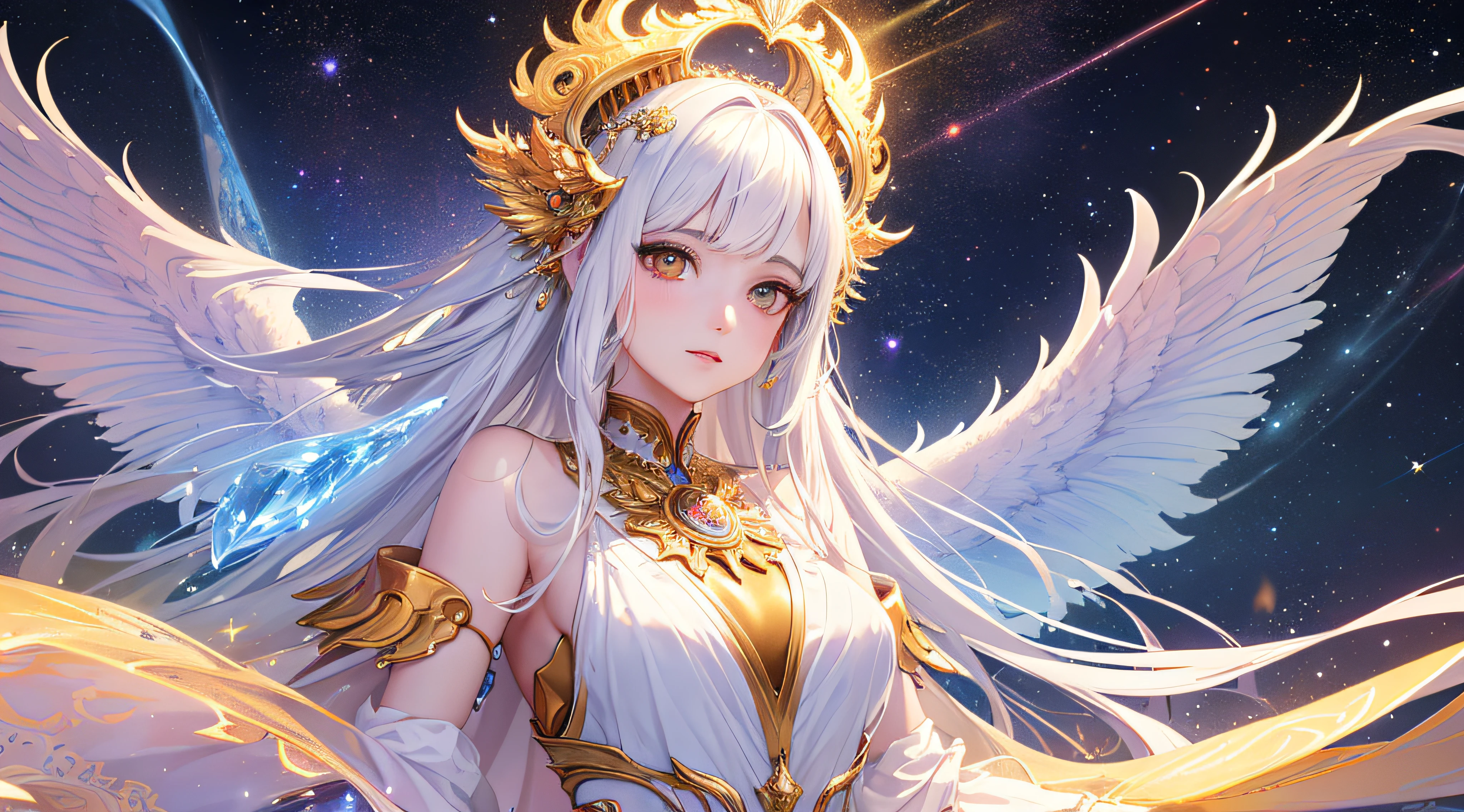 (Masterpiece, Top Quality, Best Quality, Official Art, Beautiful and aesthetic:1.2), (1Girl), Extremely delicate eyes, (fractal art:1.3), colourfull, highest details, (perfect faces), sparkly skin, HDR, (White Cloak Golden Line:1.2), galaxies, (Bright stripes), striking visuals, (Dynamic stripes, Glowing promenade:1.2), vibrant colours, (phoenix), (dragons)