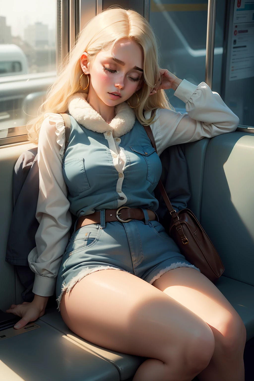1 beautiful woman, large body, young blonde, eyes closed, blonde woman, face made up, eyelids outlined with makeup, long eyelashes, eyelids made up, eyelids outlined with makeup, White long-sleeved shirt, ANIMAL fur closed VEST, small EARRINGS, Long BLUE jeans, ankle length jean, CREAM high HEELS shoes, blue BAG, asleep with her mouth open, asleep leaning against the train seat, arms down, head LEANING on the train window, MOUTH OPEN.