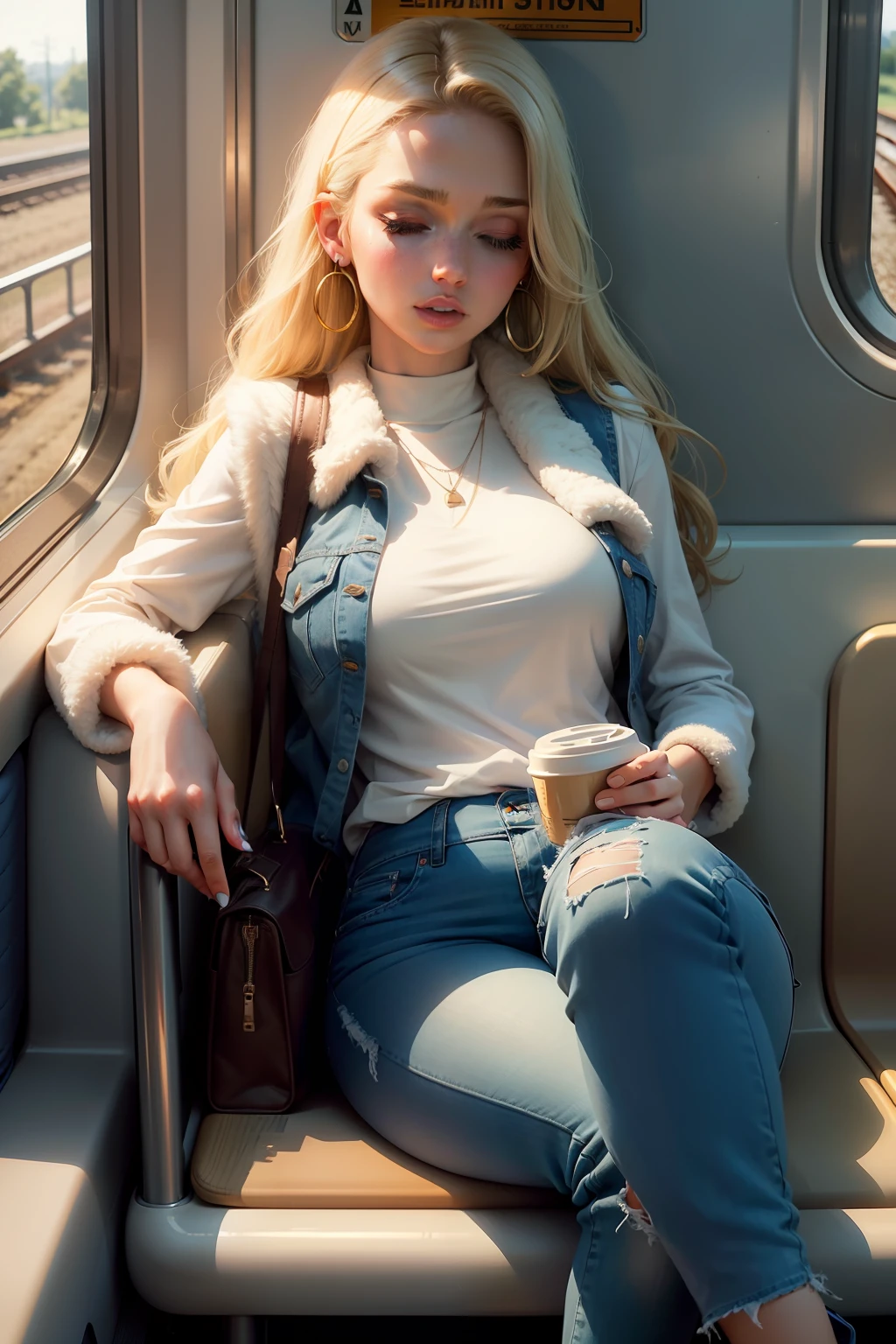 1 beautiful woman, large body, young blonde, eyes closed, blonde woman, face made up, eyelids outlined with makeup, long eyelashes, eyelids made up, eyelids outlined with makeup, White long-sleeved shirt, ANIMAL fur closed VEST, small EARRINGS, Long BLUE jeans, ankle length jean, CREAM high HEELS shoes, blue BAG, asleep with her mouth open, asleep leaning against the train seat, arms down, head LEANING on the train window, MOUTH OPEN.