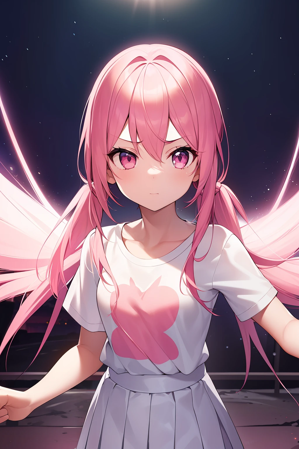 1girl. pink hair.long hair.twintails.{}.(short stature).small breast.white t-shirts.skirt. (((masterpiece))).(((best quality))).)((ultra-detailed))).(((illustration))). (((fighting stance))).(((night view))).(((1girl))).