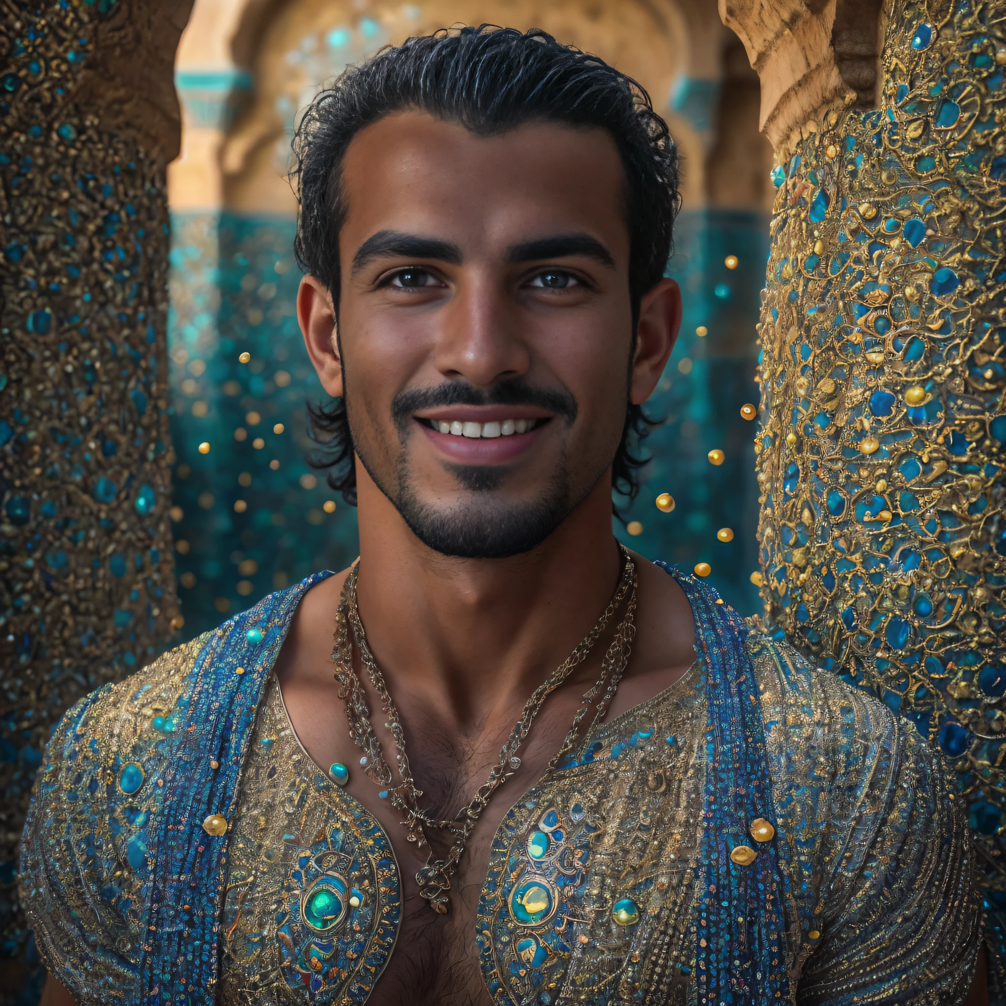 (Portrait of Moroccan guy), muscles, dimples, sexy, alluring, gorgeous eyes, smiling, opalescent, Photoluminescence, fantasy, clear, Cinematic RAW photo, hyper real photo, ultrarealistic, dslr, soft lighting, high quality, reflections, photo, (sparkling) splashing rainbows, glistening, (iridescent), glimmering, sweaty body, dripping, misty, mystical, enchanting, glittering, (masterpiece) (best quality) (detailed) (8k) (HDR) (cinematic lighting) (sharp focus) (intricate), bioluminescent, celestial, candles, romantic, (veins), ((Ouarzazate)), (chefchaouen), 1 man, (((clear straight even bright eyes))), (((man has short hair))), flowing, glistening, riad fountain, glimmering, sweating, melting, shimmering, bulge, (masterpiece) (best quality) (detailed) (8k) (HDR) (wallpaper) (cinematic lighting) (sharp focus) (intricate), exotic lights, Moroccan candles, sunrays, (riad pool), Ouzoud waterfalls, sand, palm trees, opalescent, roses, Fujifilm XT3, photographed on a Kodak Retina II Sanyo Xacti VPC-CA6, 50mm lens, HDR, hyper-realistic, colorgraded