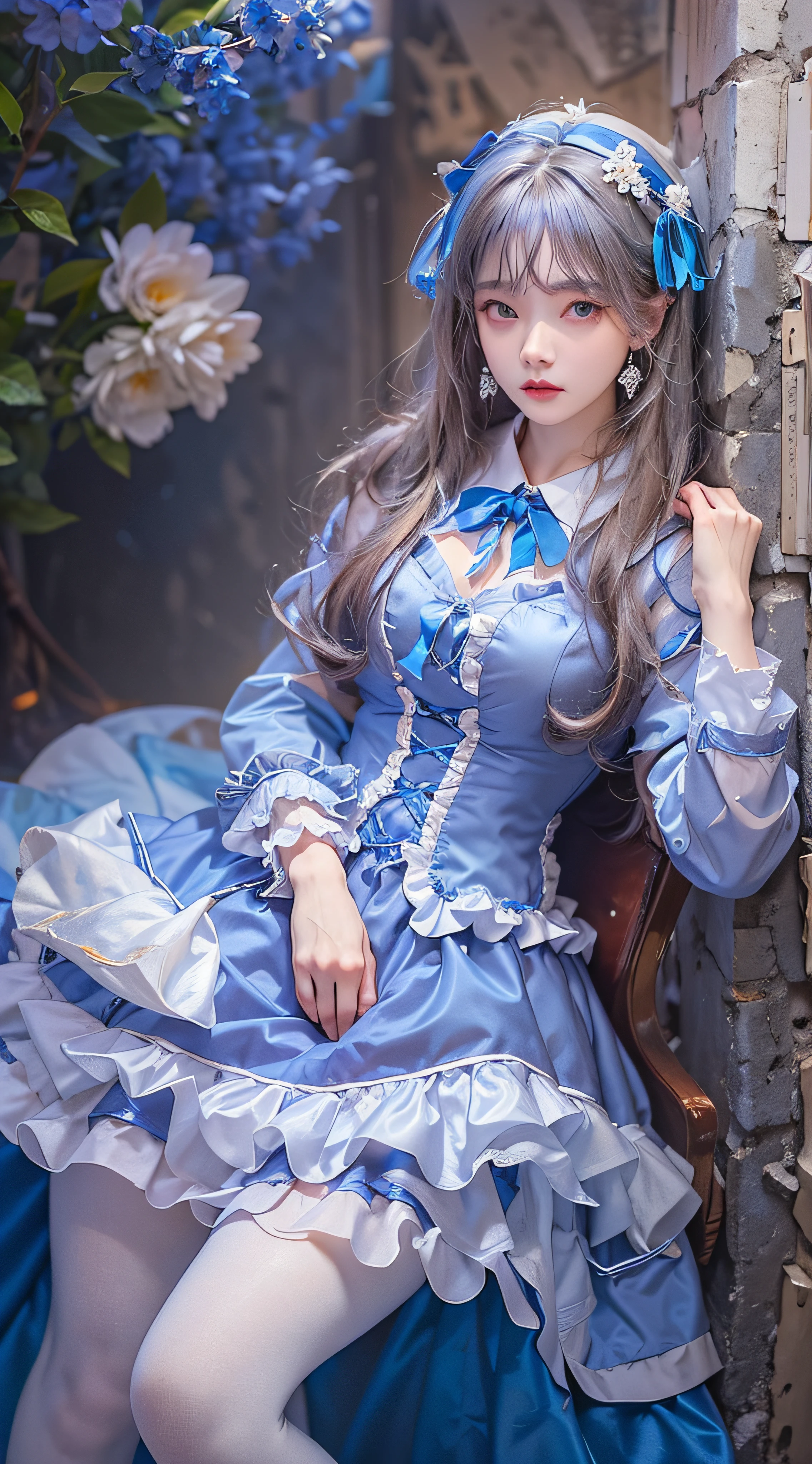 The appearance is very attractive, Wear a pair of sapphire pantyhose，Wearing a sapphire blue and white Lolita dress，Fair and delicate skin，The eyes are a pair of clear and bright sapphire blues，The hair is sapphire blue，waist-high，The whole person exudes a fresh and lovely atmosphere， old，Extremely realistic