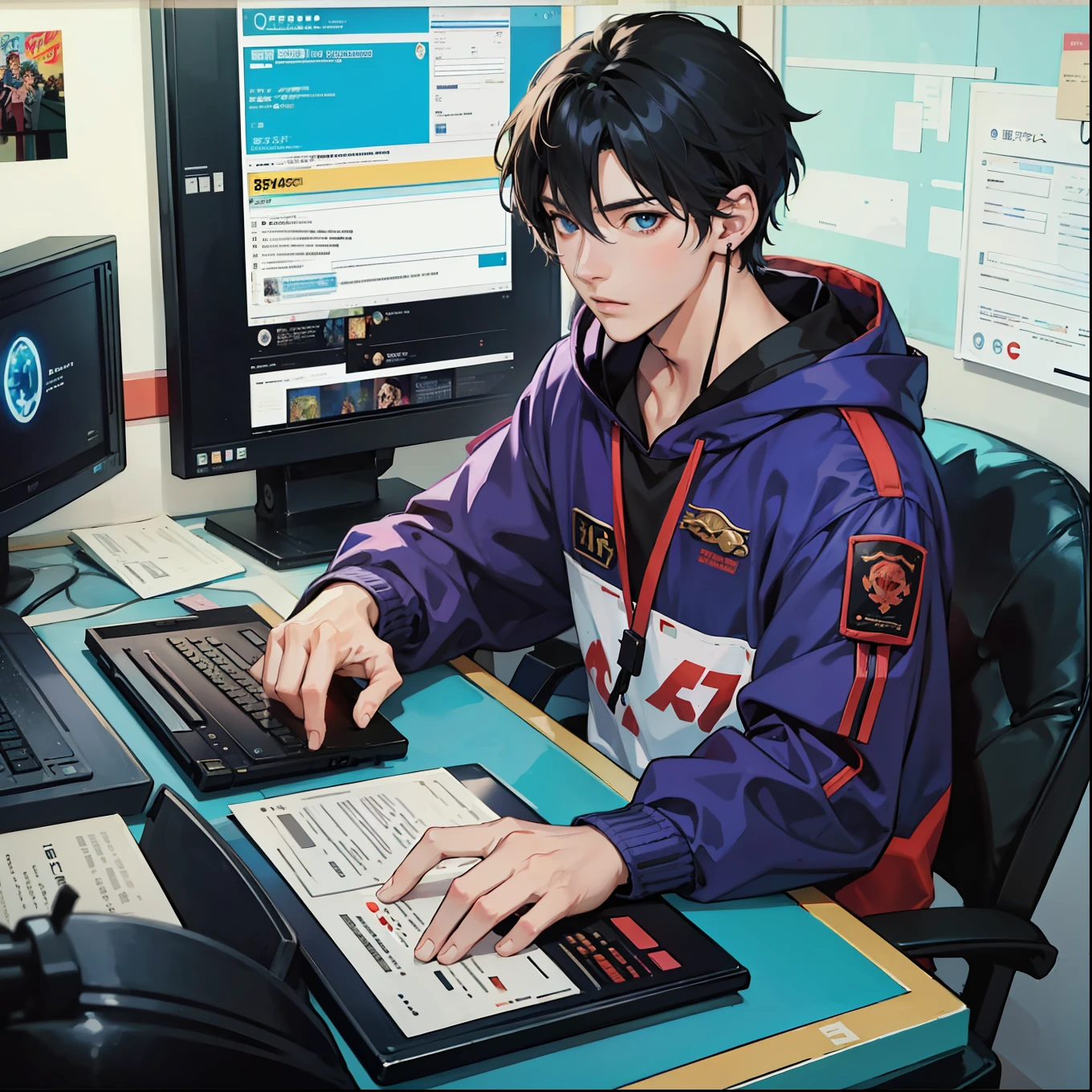 Anime boy calls to talk, ig studios anime style, nightcore, style of anime4 K, High quality anime art style, Anime boy, young anime man, Anime art style, Digital anime illustration, Anime style. 8K, in an anime style, male anime character, Kawasi,best qualtiy:1.0),(超高分辨率:1.0),Anime boys,with short black hair,blue color eyes,sitting in front of the computer,Speak into the microphone,The background is in the esports room,Earphone,The head is close to the microphone,8K