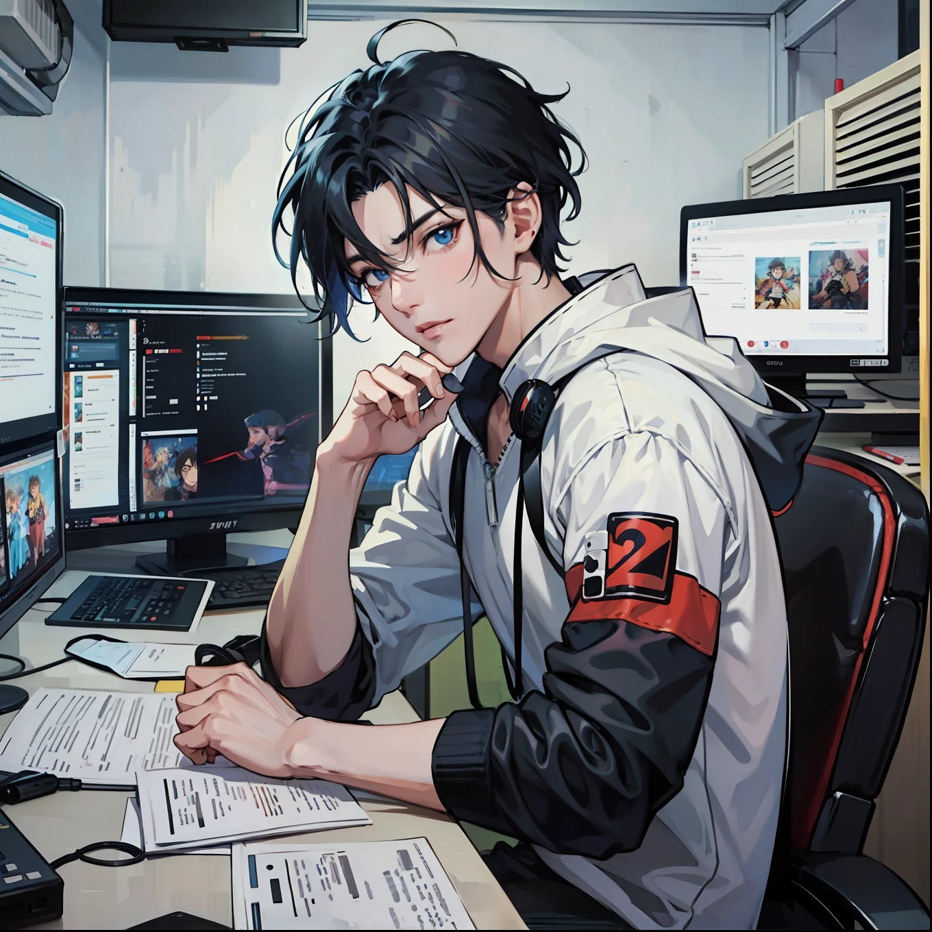 Anime boy calls to talk, ig studios anime style, nightcore, style of anime4 K, High quality anime art style, Anime boy, young anime man, Anime art style, Digital anime illustration, Anime style. 8K, in an anime style, male anime character, Kawasi，best qualtiy：1.0），（超高分辨率：1.0），Anime boys，with short black hair，blue color eyes，sitting in front of the computer，Speak into the microphone，The background is in the esports room，Earphone，The head is close to the microphone,8K