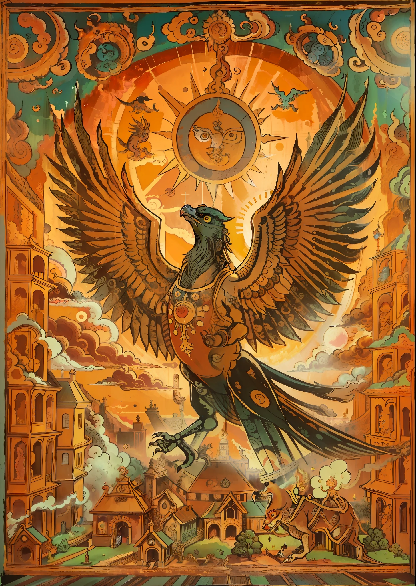 Depicting the sun god bird（Three-legged golden crow）Quantity of murals, Against the background of brilliant sunlight，A giant sacred bird displaying three paws，Soaring into the sky，The body is surrounded by flames，In the background are auspicious clouds illuminated by the sun， The frescoes are displayed on weathered walls,Vicissitudes of the past