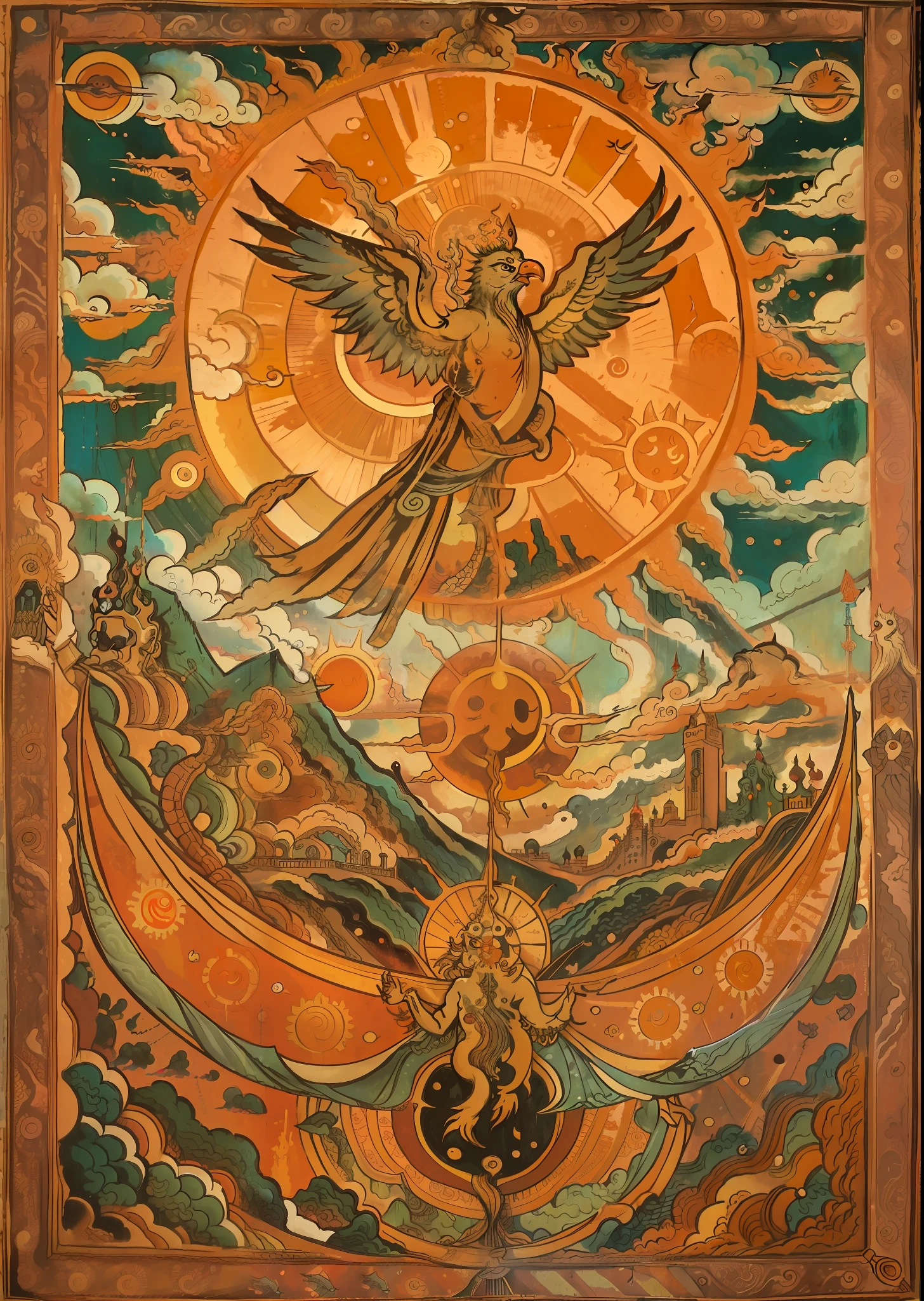Depicting the sun god bird(Three-legged golden crow)Quantity of murals, Against the background of brilliant sunlight,A giant sacred bird displaying three paws,Soaring into the sky,The body is surrounded by flames,In the background are auspicious clouds illuminated by the sun, The frescoes are displayed on weathered walls,Vicissitudes of the past