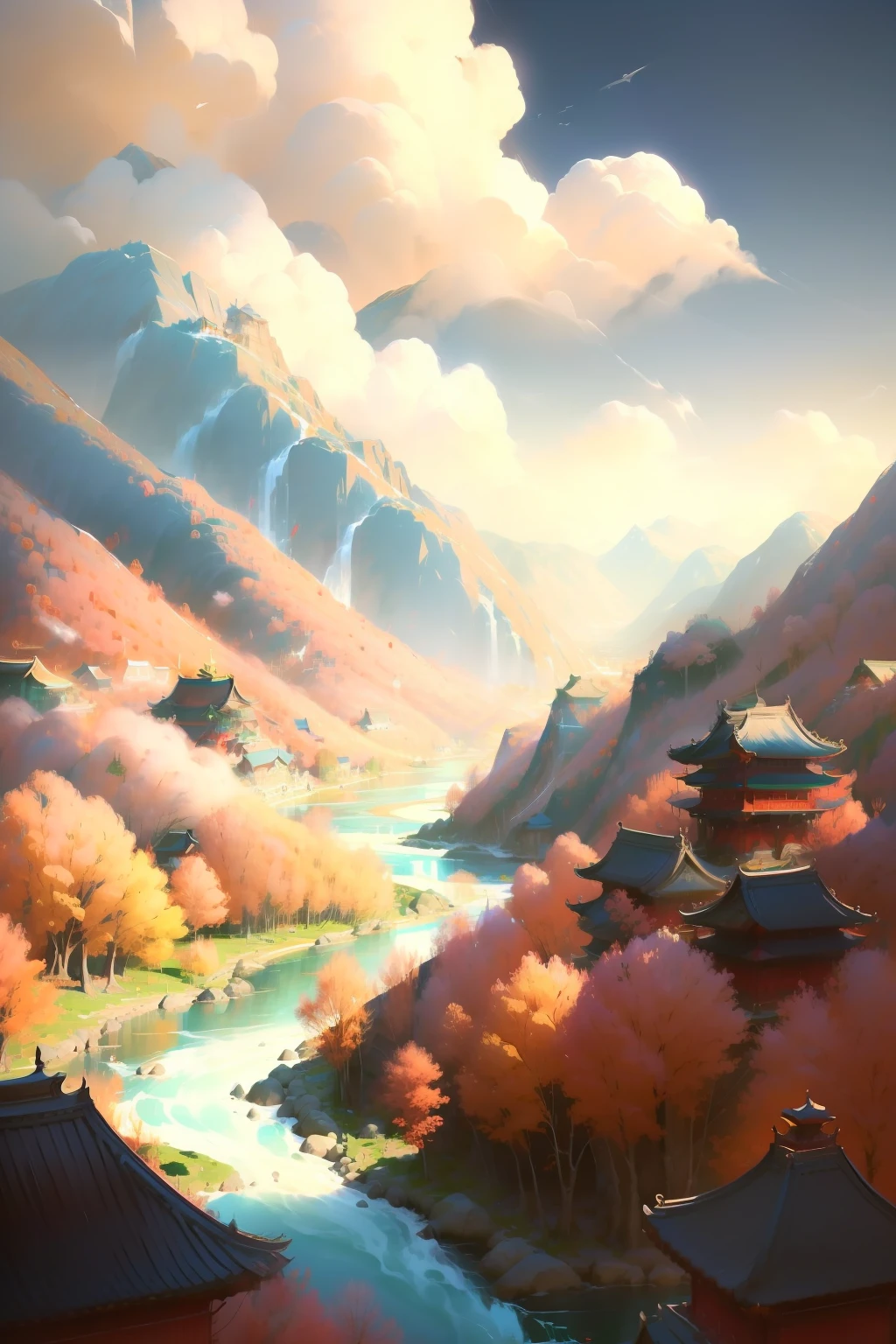An ancient Chinese painting, ancient Chinese background, mountains, rivers, auspicious clouds, pavilions, sunshine, masterpieces, super detail, epic composition, ultra HD, high quality, extremely detailed, official art, unified 8k wallpaper, Super detail, 32k -- v 6