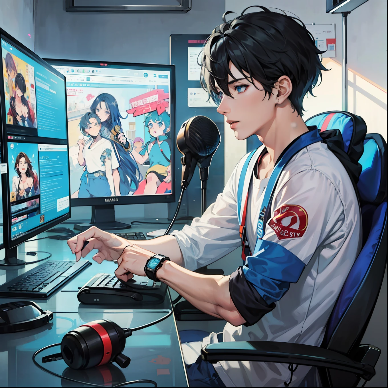 Anime boy calls to talk, ig studios anime style, nightcore, style of anime4 K, High quality anime art style, Anime boy, young anime man, Anime art style, Digital anime illustration, Anime style. 8K, in an anime style, male anime character, Kawasi，best qualtiy：1.0），（超高分辨率：1.0），Anime boys，with short black hair，blue color eyes，sitting in front of the computer，Speak into the microphone，The background is in the esports room，Earphone，The head is close to the microphone,8K