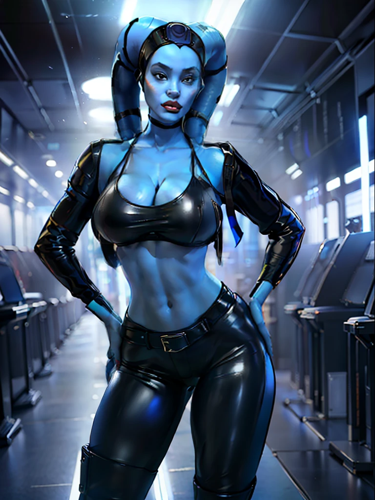 (((blue skin)), twi'lek), standing, hand on hip, (wearing black jacket, tube top, black trousers, black pants, tight pants, long boots, ((busty), slender body, thin, slim sexy body, slim waist, huge breasts), Imperial starship, Star Wars,