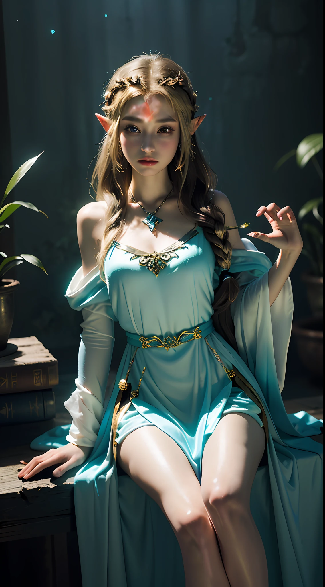 masterpiece, best quality, 1girl, Princess Zelda, sorceress, robe, magical, mystical, moody lighting, glow, glowing, sparkle, swirling energy