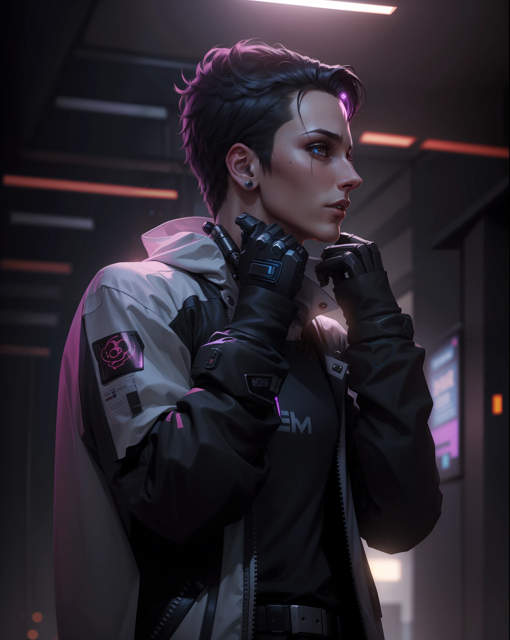 Handsome boy, cyberpunk background, right chick robotic, right hand robot scars ,8k quality image
