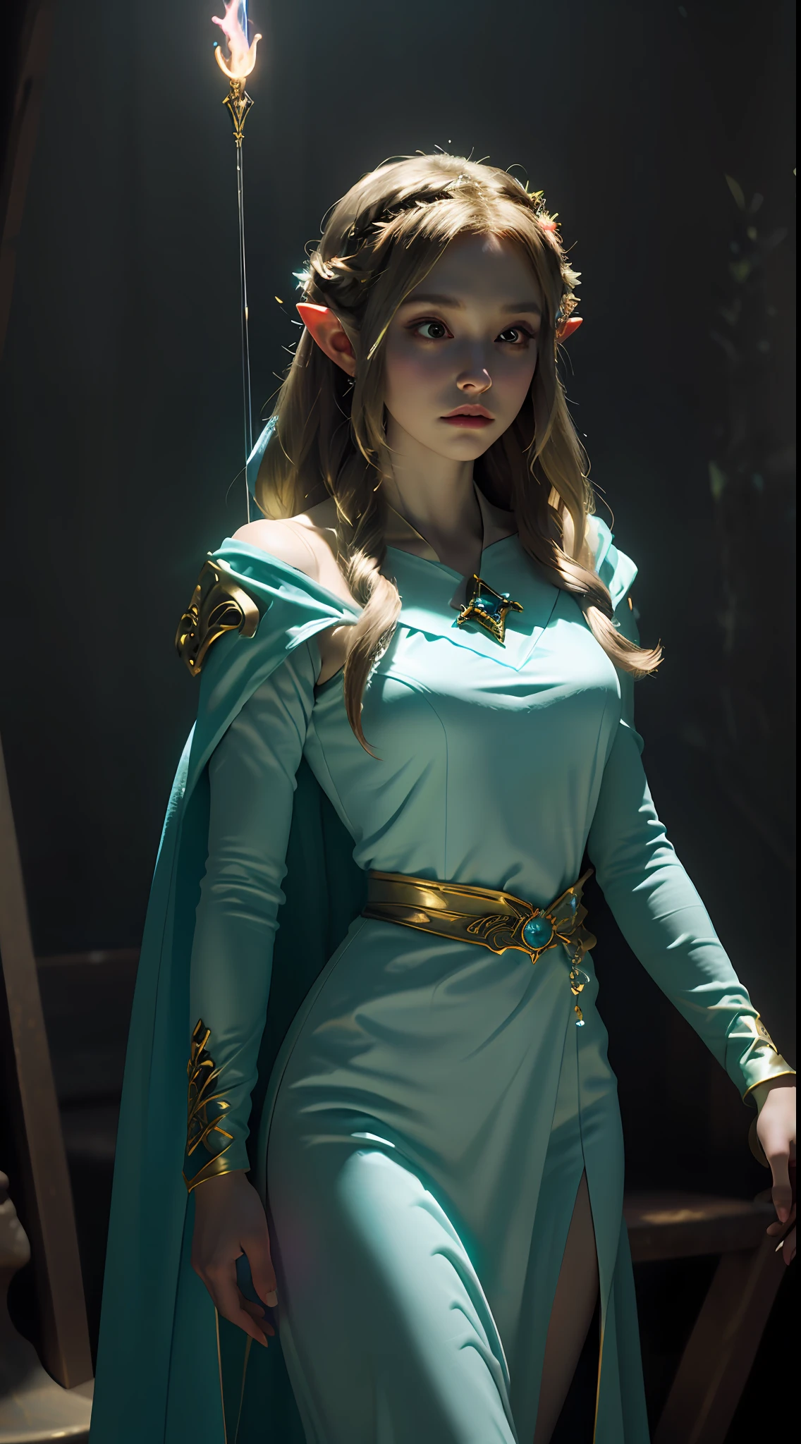masterpiece, best quality, 1girl, Princess Zelda, sorceress, robe, magical, mystical, moody lighting, glow, glowing, sparkle, swirling energy