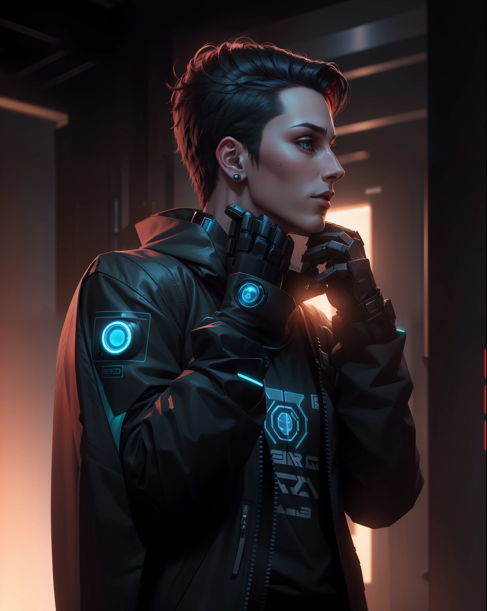 Handsome boy, cyberpunk background, right chick robotic, right hand robot scars ,8k quality image
