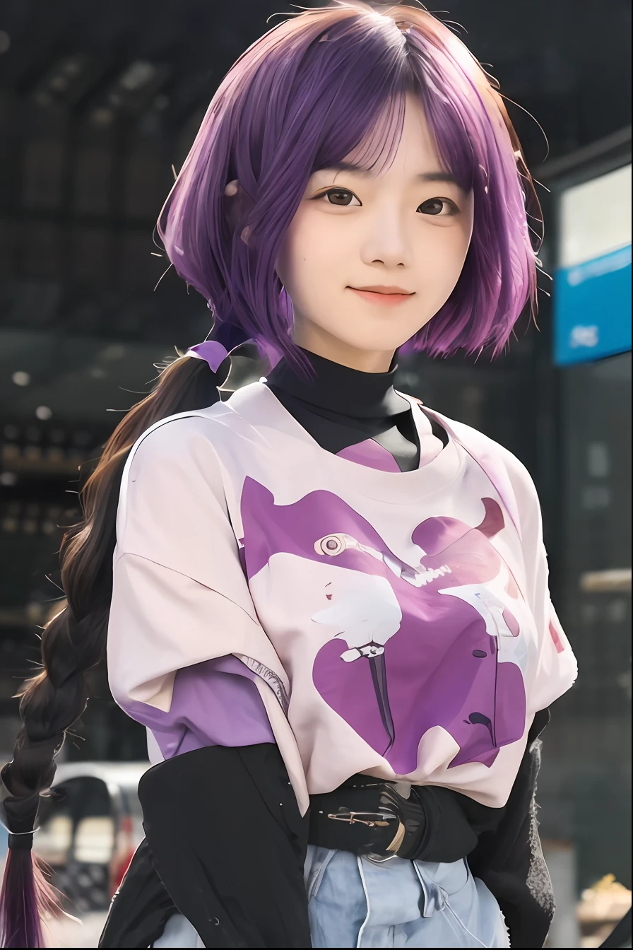 1girl, Sumire Kakei, Purple shirt , Short hair, Purple hair, Braid hair, Long hair, realistic, ultra detail, 70 mm lens