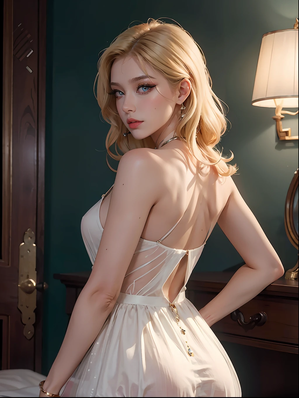 (tmasterpiece:1.2), (best qualtiy:1.2), perfect eyes, s the perfect face, Volumetriclighting, 1girll, Vintage sexy mature, , gossamer dress,Clothes open, blond hairbl, pauldrons, Top employees, stern expression, fanciful, exteriors, detailed back ground, putting makeup on, lipsticks, eye shadows, mascara, thick eyeslashes,full bodyesbian,embarressed,