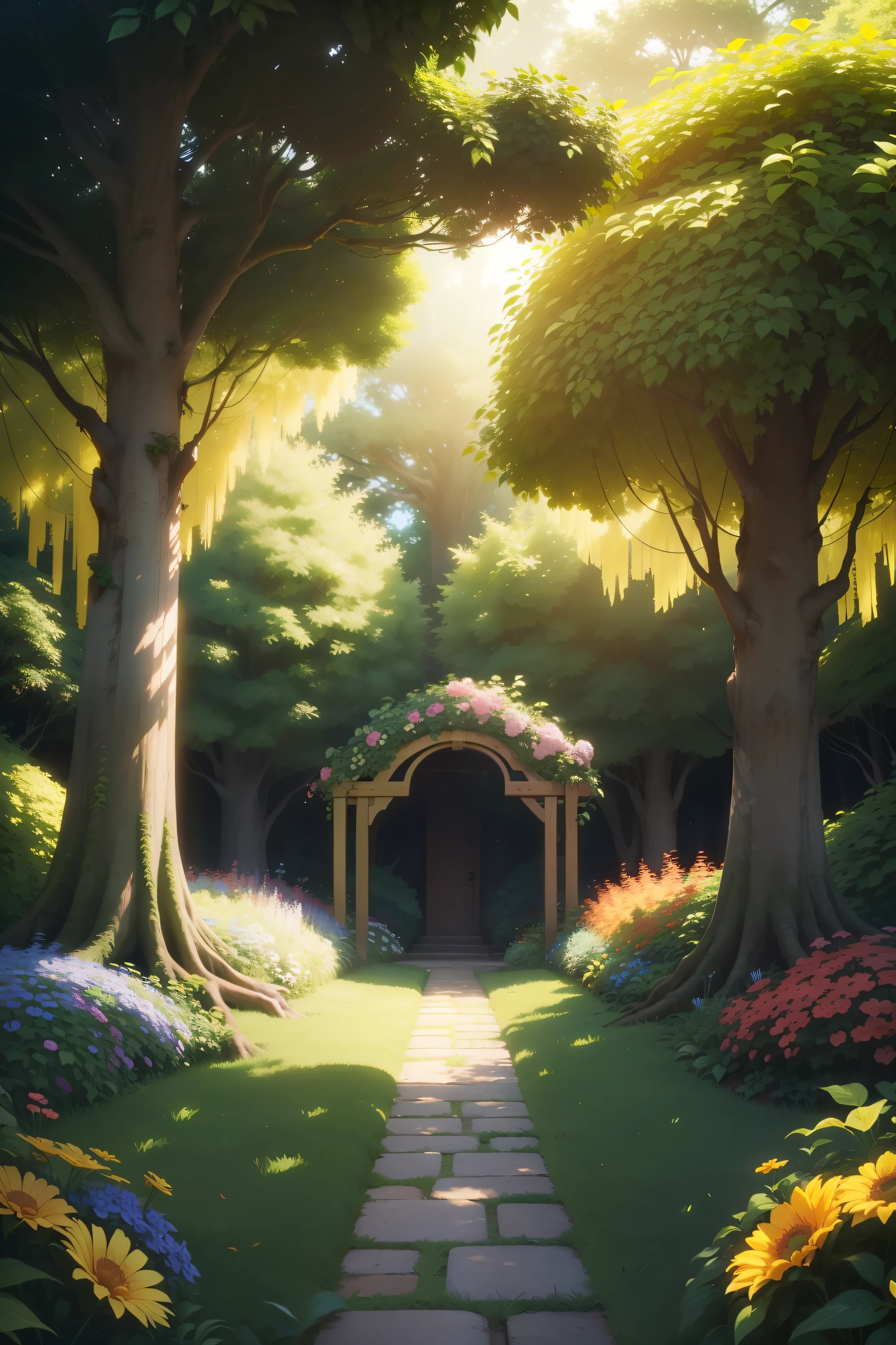 A lush forest filled with diverse and colorful trees, bathed in golden sunlight, Studio ghibli style, an beautiful exotic flowery arbor in center surrounded by pleasing Hedgerow, very pleasing colors, meadow, flowers must be small, very pleasing colors, high quality, 8k, Soft instrumental music plays in the background