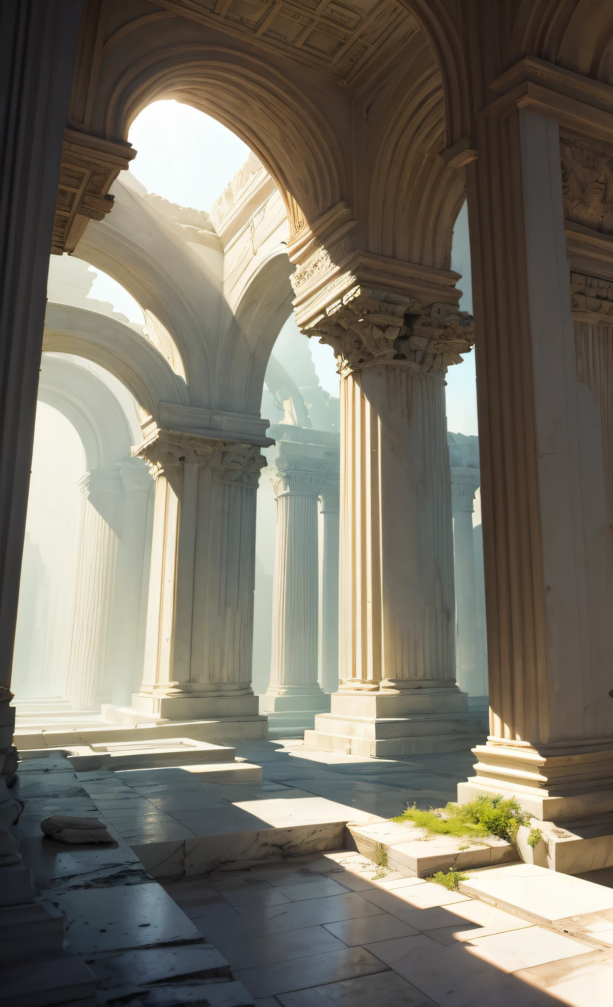 masterpiece、top-quality、A forgotten city made of white marble、Magnificent、Magnificent、Fantasia、myterious、Sun'rays、Soft lighting、ruins
