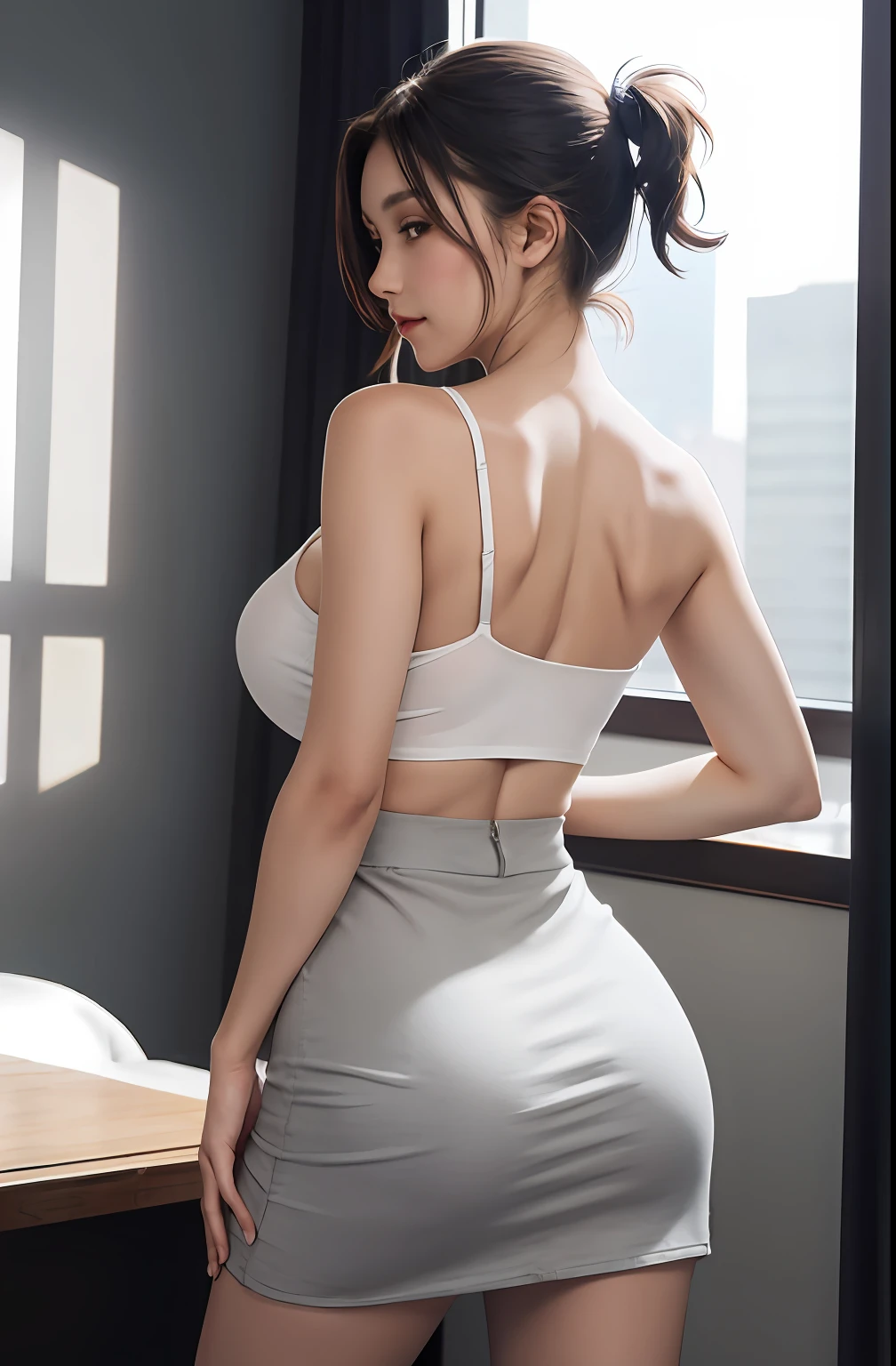 single bare shoulder shirt short:1.1, big boobs, detail body, sexy, 8k resolution, full body, short skirt. Back view, Sexy ass.